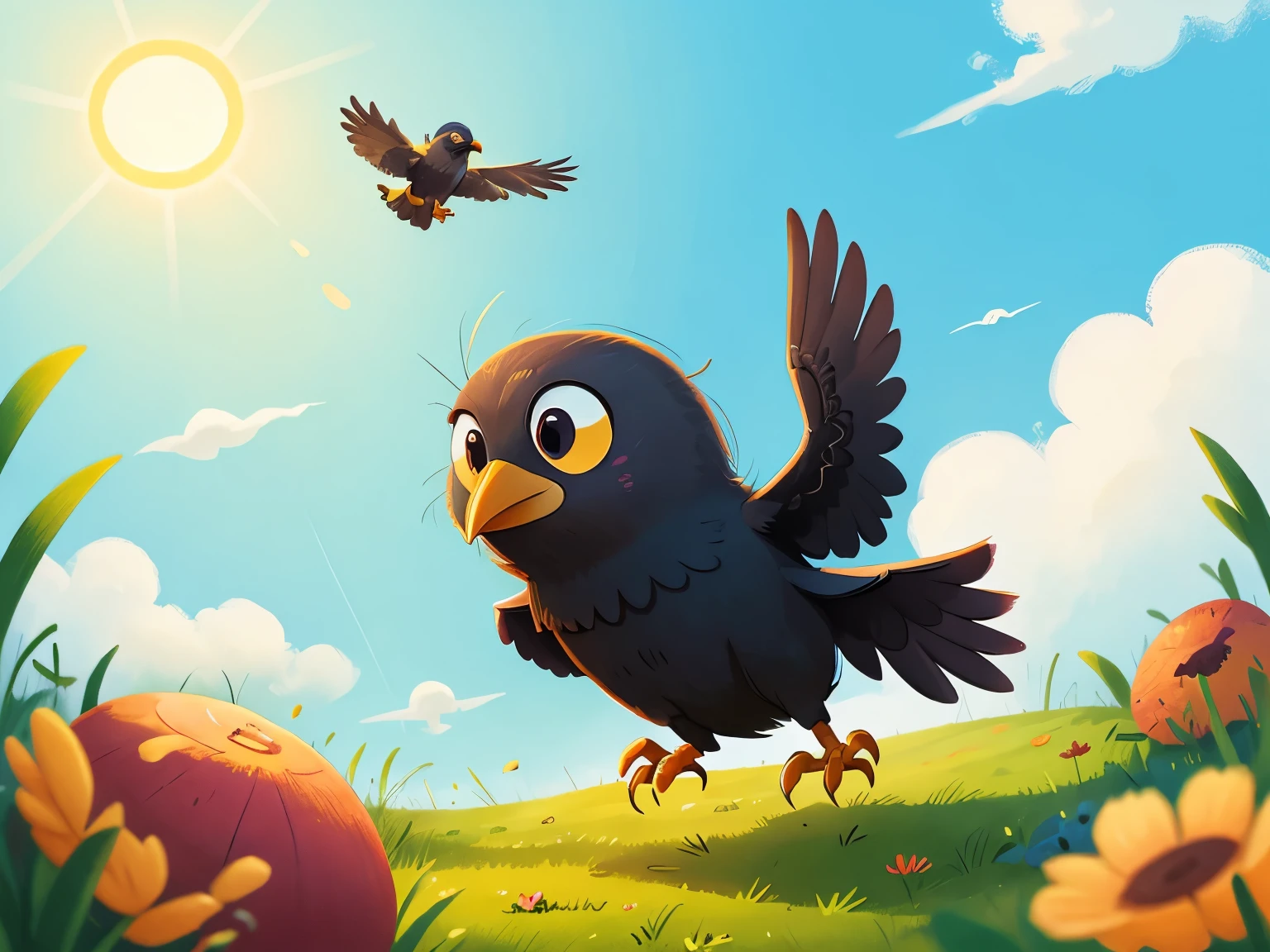 A flying crow,close up,sun,Sky,cartoon,illustration