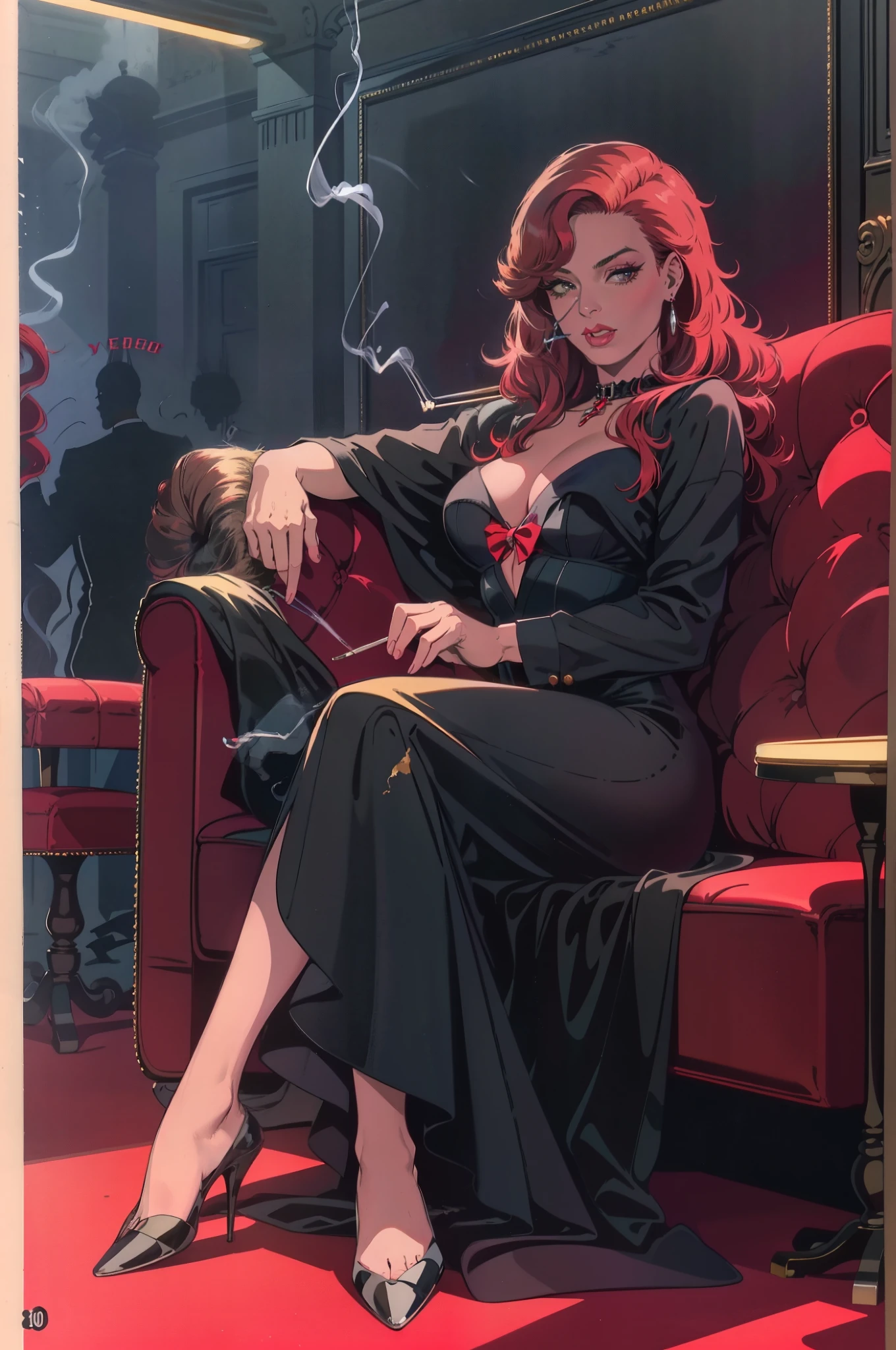 (masterpiece),(best quality),(ultra-detailed),(best illustration),(best shadow),(absurdres),(detailed background), full body shot, women, long red hair, 1950s, Black dress, make up, 1950's Club background, elegant, smoking, sitting at the club