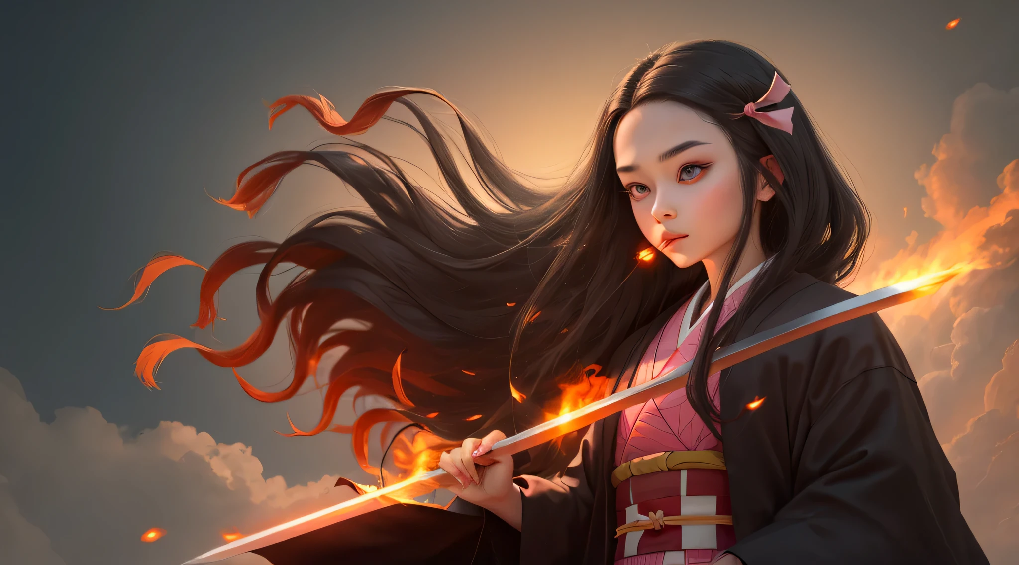 (kamado nezuko), Beautiful Japan scenery, ((masterpiece)), Chewing bamboo to the side, Spiky nails, forehead, 1girl in, A dark-haired, Mouth closed, brow, Hair Ribbon, Kimono, The long-haired, Beautiful black hair, The tips of the hair are orange, war, Pink eyes, Pink kimono, full body, Simple pink ribbon, length hair, Beautiful appearance, Detailed depiction of fingers, fireball, sword