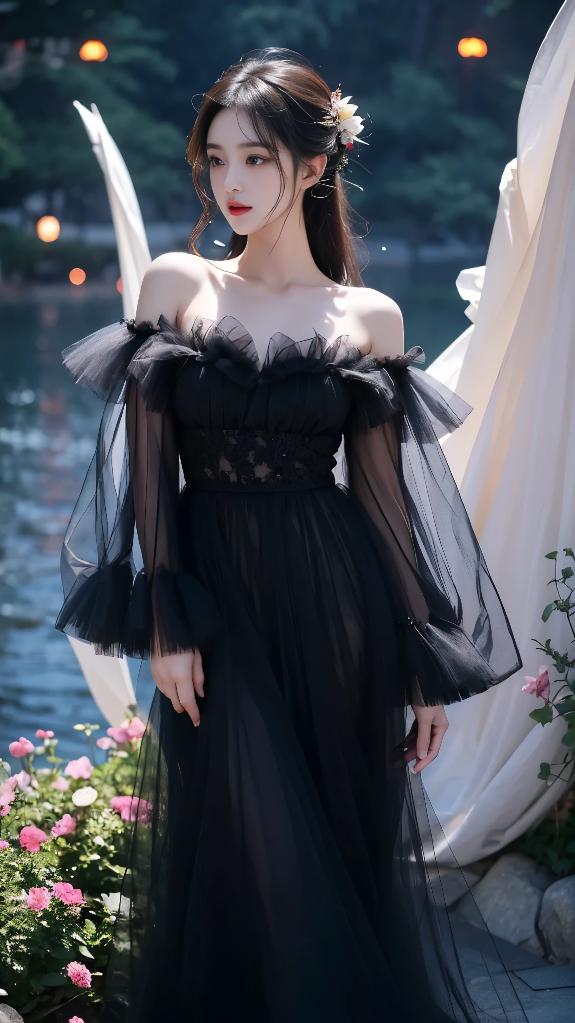 sh33rfl0r4l, long sleeves, black dress, off shoulder, bare shoulders, long dress, see-through, tulle dress, (genshin impact), (masterpiece, best quality:1.2), 1 girl, alone, In the depths of Wonderland,The moonlight falls like water,foggy room,The figure of the heroine is vaguely visible,Just like the fairy in the painting,Slender sexy legs,very nice legs,Show sexy legs,big breasts,美丽而又带着一丝mystery的色彩。Her face is beautiful and delicate,Like finely carved jade,Showing otherworldly beauty。The eyebrows are picturesque,The waves in my eyes are like twinkling stars,Show the light of perseverance and wisdom。The bridge of the nose is straight,Lip color like cherry,The slightly raised corners of the mouth reveal confidence and calmness。Her face is well defined,The skin is as fair as jade,Reveals a healthy glow,Just like fairies, She never eats fireworks in this world。Her makeup is light and delicate,Not too much embellishment,But enough to show her temperament and charm。Light-colored foundation brings out the transparency of the skin,A light eyebrow pencil outlines her perfect eyebrow shape,Eye makeup is eye shadow and eyeliner,Make her eyes brighter and more energetic。嘴唇涂上grace的口红,Adds a bit of charm and sophistication。她的衣服grace别致,Clothes fluttering,It seems like it will be blown up by the wind at any time,drifting into the distance。既不失grace,Also showed off her extraordinary skills。Rocking with her movements。Her hair is tied back casually,Secure it with a hosta,A few strands of hair flutter gently in the wind,Adds a bit of softness。Her figure is looming in the fairyland,宛如一道big breasts美丽的风景线,Attracted everyone's concern。She seems to be a fairy in wonderland,big breasts美丽、grace、mystery、and full of power。