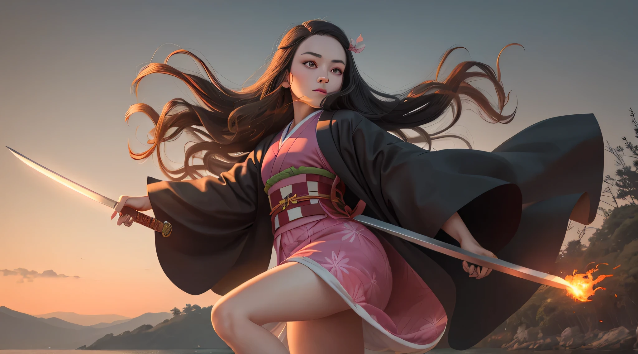 (kamado nezuko), Beautiful Japan scenery, ((masterpiece)), Chewing bamboo to the side, Spiky nails, forehead, 1girl in, A dark-haired, Mouth closed, brow, Hair Ribbon, Kimono, The long-haired, Beautiful black hair, The tips of the hair are orange, war, Pink eyes, Pink kimono, full body, Simple pink ribbon, length hair, Beautiful appearance, Detailed depiction of fingers, fireball, sword