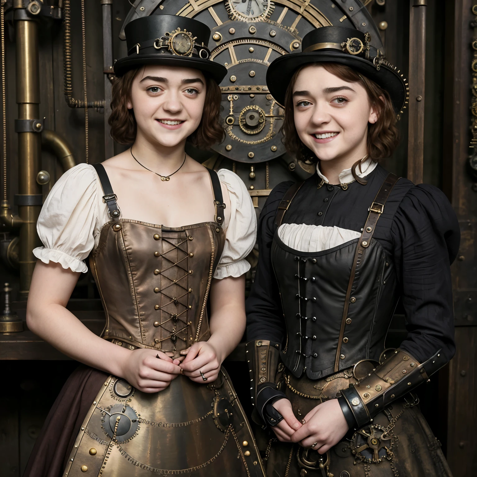 ((best quality)), ((masterpiece)), ((Photo-realistic)), (detailed), ((NSFW)), ((Maisie Williams smiling)), ((2 pretty Steampunk girls)), ((whole body standing)), steampunk top hats, perfect teeth,