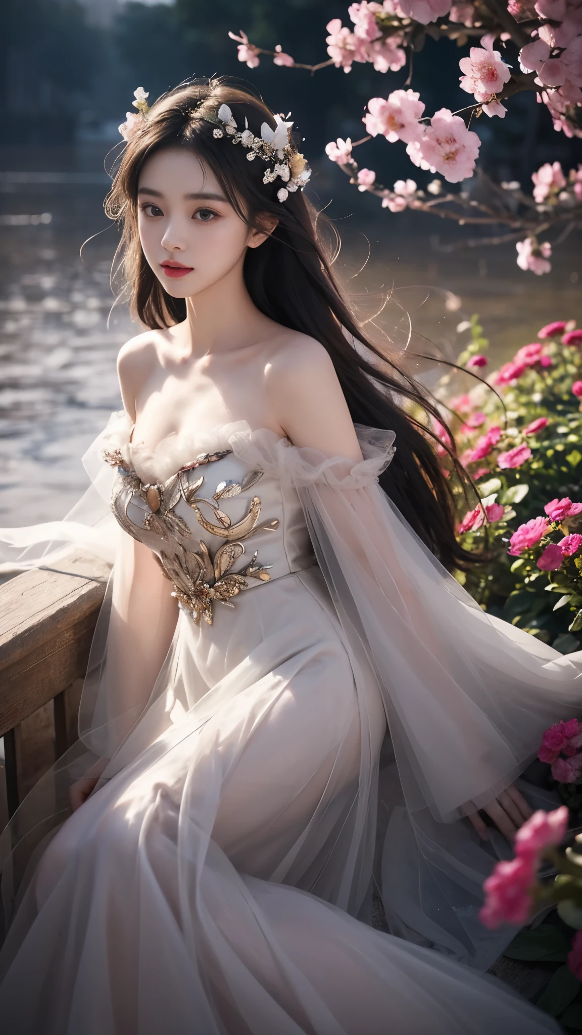 sh33rfl0r4l, long sleeves, black dress, off shoulder, bare shoulders, long dress, see-through, tulle dress, (genshin impact), (masterpiece, best quality:1.2), 1 girl, alone, In the depths of Wonderland，The moonlight falls like water，foggy room，The figure of the heroine is vaguely visible，Just like the fairy in the painting，Slender sexy legs，very nice legs，Show sexy legs，big breasts，美丽而又带着一丝mystery的色彩。Her face is beautiful and delicate，Like finely carved jade，Showing otherworldly beauty。The eyebrows are picturesque，The waves in my eyes are like twinkling stars，Show the light of perseverance and wisdom。The bridge of the nose is straight，Lip color like cherry，The slightly raised corners of the mouth reveal confidence and calmness。Her face is well defined，The skin is as fair as jade，Reveals a healthy glow，Just like fairies, She never eats fireworks in this world。Her makeup is light and delicate，Not too much embellishment，But enough to show her temperament and charm。Light-colored foundation brings out the transparency of the skin，A light eyebrow pencil outlines her perfect eyebrow shape，Eye makeup is eye shadow and eyeliner，Make her eyes brighter and more energetic。嘴唇涂上grace的口红，Adds a bit of charm and sophistication。她的衣服grace别致，Clothes fluttering，It seems like it will be blown up by the wind at any time，drifting into the distance。既不失grace，Also showed off her extraordinary skills。Rocking with her movements。Her hair is tied back casually，Secure it with a hosta，A few strands of hair flutter gently in the wind，Adds a bit of softness。Her figure is looming in the fairyland，宛如一道big breasts美丽的风景线，Attracted everyone&#39;s concern。She seems to be a fairy in wonderland，big breasts美丽、grace、mystery、and full of power。