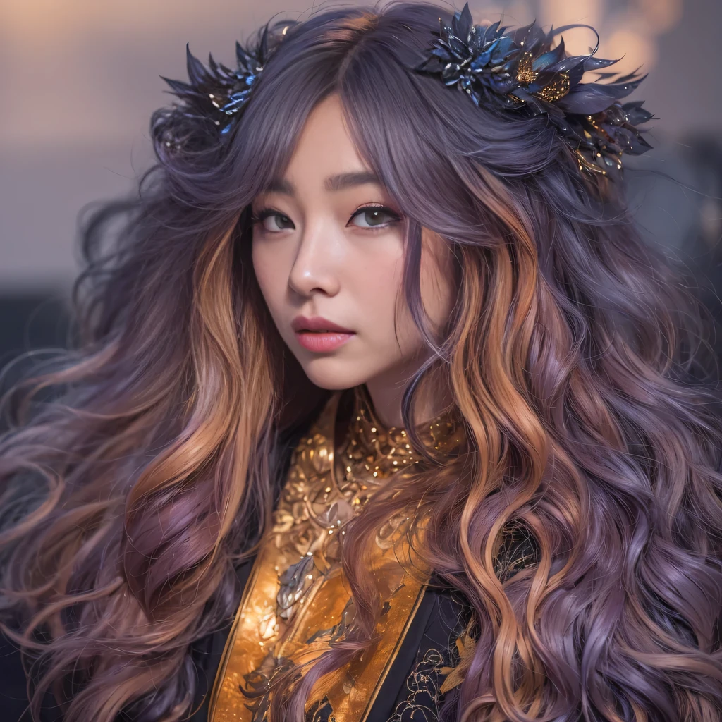 32k(masterpiece,HD,超HD,32k)Bright purple flowing hair,autumn pond,we disagree, a color, Asian (Michiko), (silk scarf), fighting stance, looking at the ground, Orange gradient long hair, Floating bright purple, Fire cloud gold headdress, Chinese long-sleeved gold silk garment, (Abstract ink splash:1.2),mars background,lotus(realistically:1.4),Bright purple hair,Smoke on the road,The background is very pure, high resolution, detail, original photo, Sharp Re, Nikon D850 film photo by Jefferies Lee 4 Kodak Portra 400 camera F1.6 guns, rich and colorful, Super real、Vivid textures, dramatic lighting, Unreal Engine Art Station Trend, Silicon Nest 800,Bright purple flowing hair