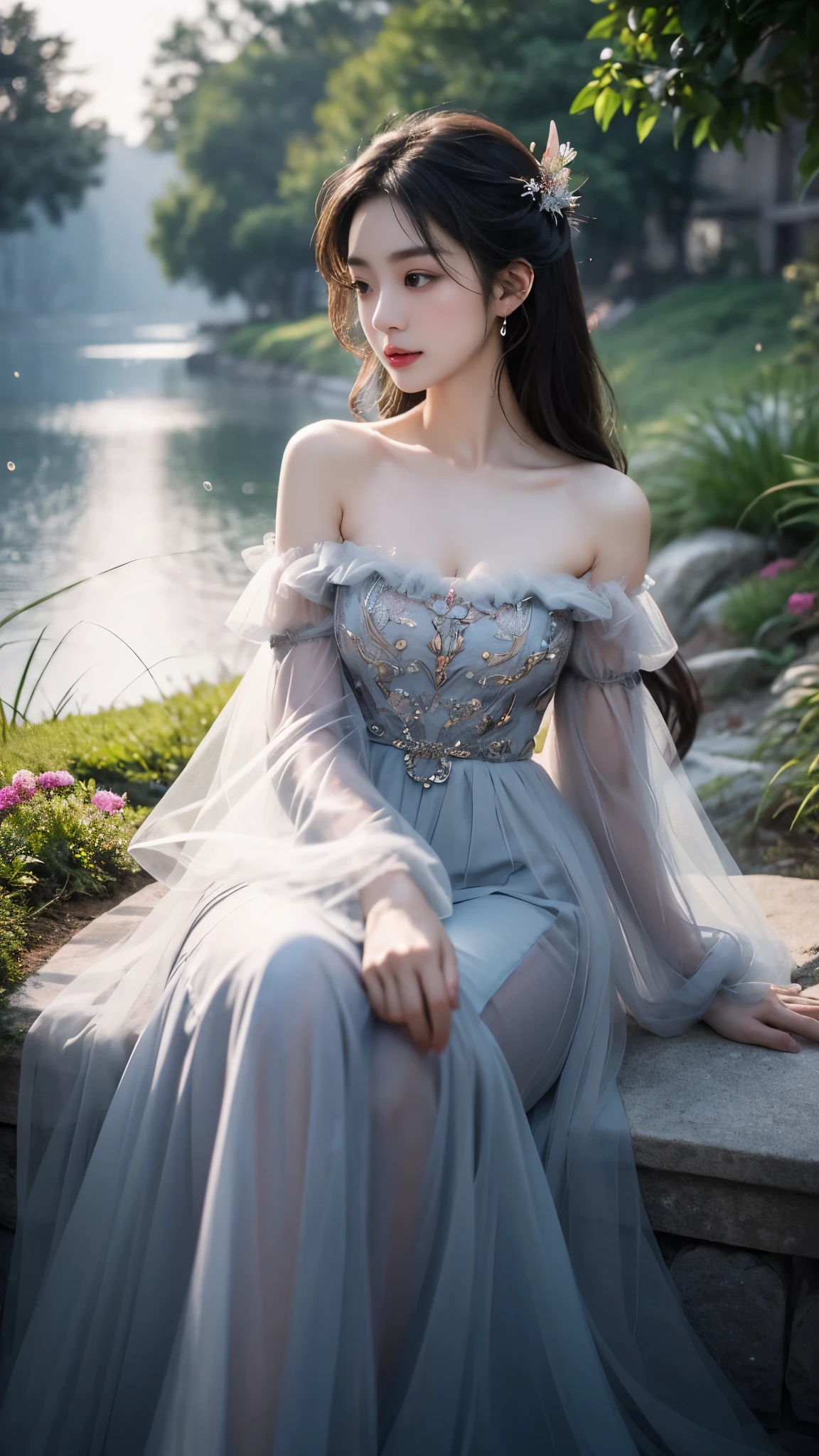 sh33rfl0r4l, long sleeves, black dress, off shoulder, bare shoulders, long dress, see-through, tulle dress, (masterpiece, best quality:1.2), 1girl, solo, ((off shoulder clothes)), In the depths of Wonderland，The moonlight falls like water，foggy room，The figure of the heroine is vaguely visible，Just like the fairy in the painting，Slender sexy legs，Very nice legs，Leaking sexy legs，Big breasts，美丽而又带着一丝mystery的色彩。Her face is beautiful and delicate，Like finely carved jade，Showing otherworldly beauty。The eyebrows are picturesque，The waves in my eyes are like twinkling stars，Show the light of perseverance and wisdom。The bridge of the nose is straight，Lip color like cherry，The slightly raised corners of the mouth reveal confidence and calmness。Her face is well defined，The skin is as fair as jade，Reveals a healthy glow，Just like a fairy, she never eats fireworks in the world。Her makeup is light and delicate，Not too much embellishment，But enough to show her temperament and charm。Light-colored foundation brings out the transparency of the skin，A light eyebrow pencil outlines her perfect eyebrow shape，Eye makeup is eye shadow and eyeliner，Make her eyes brighter and more energetic。嘴唇涂上grace的口红，Adds a bit of charm and sophistication。她的衣服grace别致，Clothes flutter，It seems like it will be blown up by the wind at any time，drifting into the distance。既不失grace，Also showed her extraordinary skills。Rocking with her movements。Her hair is tied back casually，Secure it with a hosta，A few strands of hair are fluttering gently in the wind，Adds a bit of softness。Her figure is looming in the fairyland，宛如一道Big breasts美丽的风景线，attracted everyone&#39;s attention。She seems to be a fairy in wonderland，Big breasts美丽、grace、mystery、and full of power。