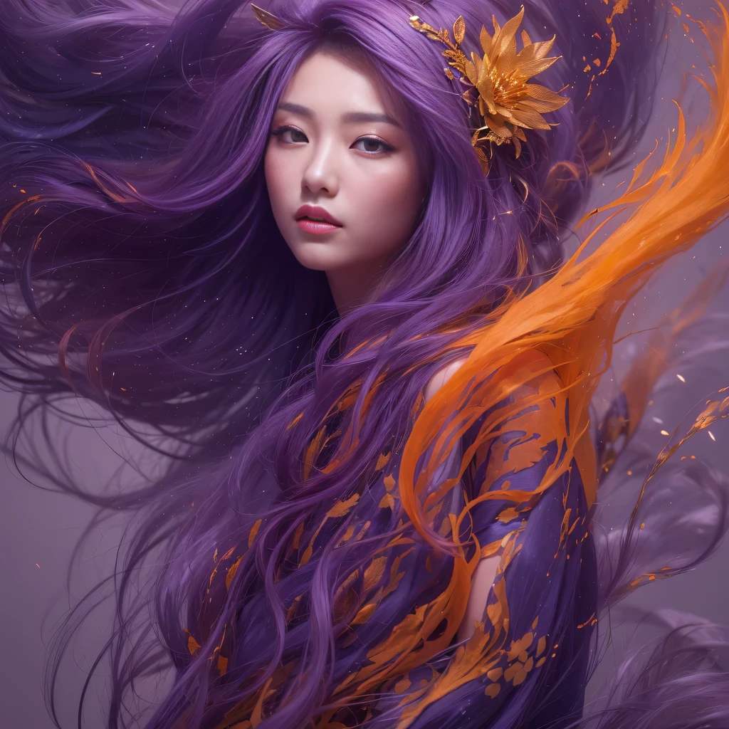 32k(masterpiece,HD,超HD,32k)Bright purple flowing hair,autumn pond,we disagree, a color, Asian (Michiko), (silk scarf), fighting stance, looking at the ground, Orange gradient long hair, Floating bright purple, Fire cloud gold headdress, Chinese long-sleeved gold silk garment, (Abstract ink splash:1.2),mars background,lotus(realistically:1.4),Bright purple hair,Smoke on the road,The background is very pure, high resolution, detail, original photo, Sharp Re, Nikon D850 film photo by Jefferies Lee 4 Kodak Portra 400 camera F1.6 guns, rich and colorful, Super real、Vivid textures, dramatic lighting, Unreal Engine Art Station Trend, Silicon Nest 800,Bright purple flowing hair