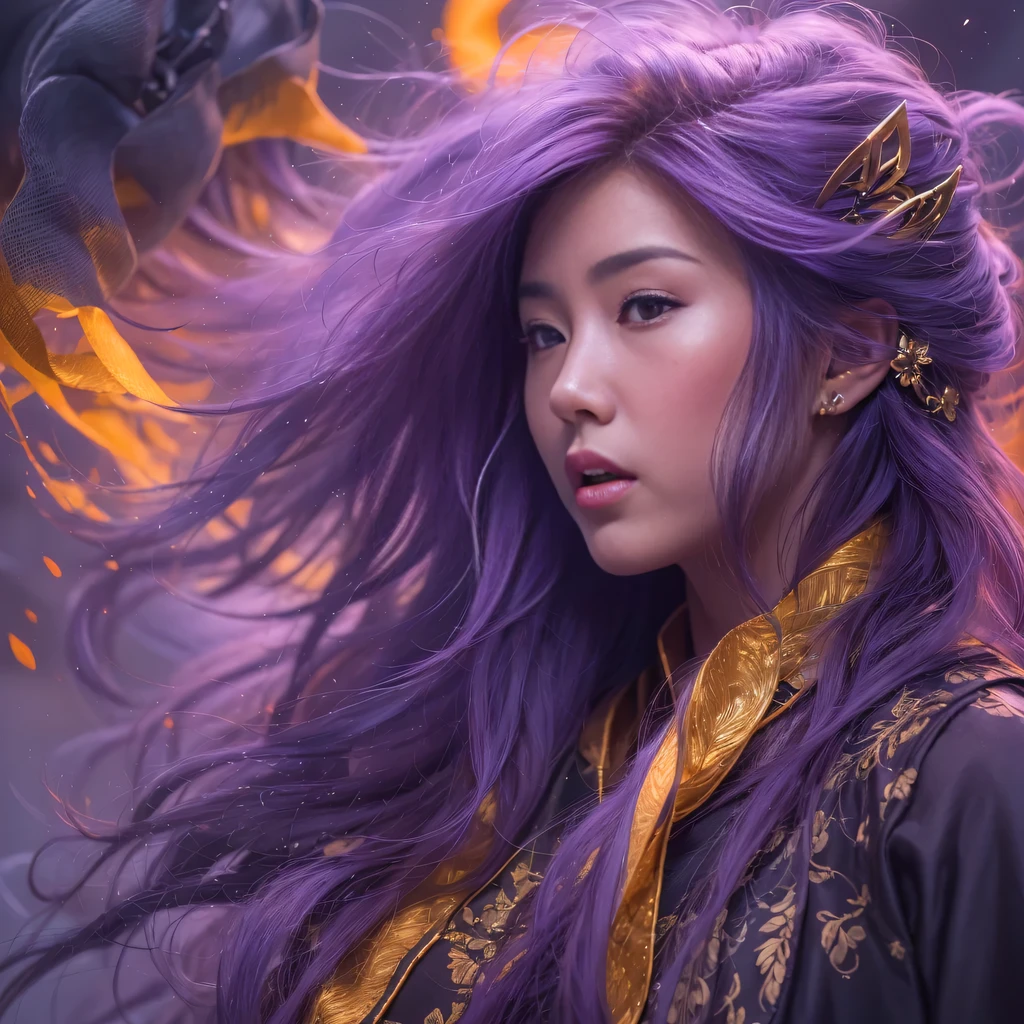 32k(masterpiece,HD,超HD,32k)Bright purple flowing hair,autumn pond,we disagree, a color, Asian (Michiko), (silk scarf), fighting stance, looking at the ground, Orange gradient long hair, Floating bright purple, Fire cloud gold headdress, Chinese long-sleeved gold silk garment, (Abstract ink splash:1.2),mars background,lotus(realistically:1.4),Bright purple hair,Smoke on the road,The background is very pure, high resolution, detail, original photo, Sharp Re, Nikon D850 film photo by Jefferies Lee 4 Kodak Portra 400 camera F1.6 guns, rich and colorful, Super real、Vivid textures, dramatic lighting, Unreal Engine Art Station Trend, Silicon Nest 800,Bright purple flowing hair