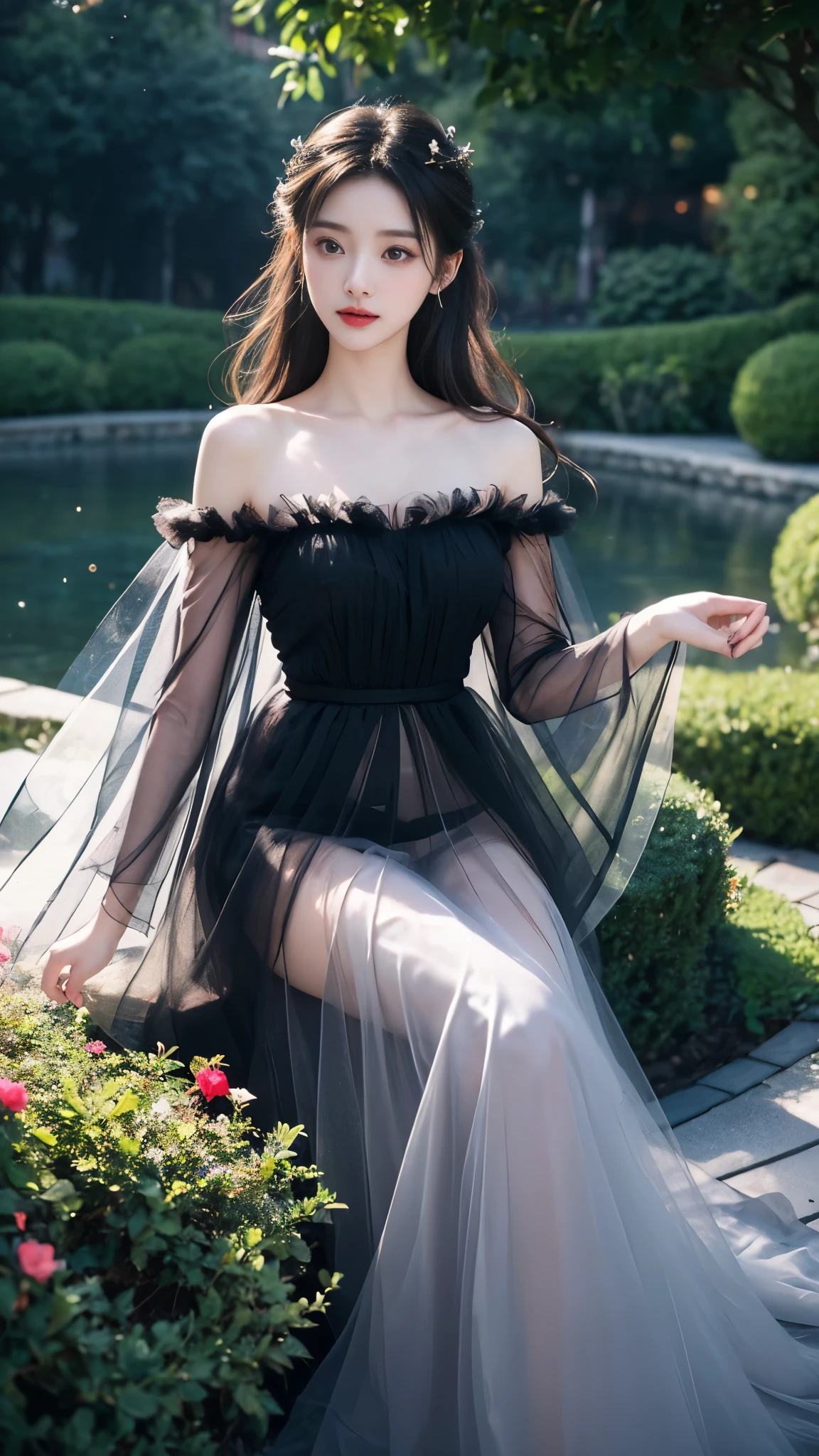 sh33rfl0r4l, long sleeves, black dress, off shoulder, bare shoulders, long dress, see-through, tulle dress, (masterpiece, best quality:1.2), 1girl, solo, ((off shoulder clothes)), In the depths of Wonderland,The moonlight falls like water,foggy room,The figure of the heroine is vaguely visible,Just like the fairy in the painting,Slender sexy legs,Very nice legs,Leaking sexy legs,Big breasts,美丽而又带着一丝mystery的色彩。Her face is beautiful and delicate,Like finely carved jade,Showing otherworldly beauty。The eyebrows are picturesque,The waves in my eyes are like twinkling stars,Show the light of perseverance and wisdom。The bridge of the nose is straight,Lip color like cherry,The slightly raised corners of the mouth reveal confidence and calmness。Her face is well defined,The skin is as fair as jade,Reveals a healthy glow,Just like a fairy, she never eats fireworks in the world。Her makeup is light and delicate,Not too much embellishment,But enough to show her temperament and charm。Light-colored foundation brings out the transparency of the skin,A light eyebrow pencil outlines her perfect eyebrow shape,Eye makeup is eye shadow and eyeliner,Make her eyes brighter and more energetic。嘴唇涂上grace的口红,Adds a bit of charm and sophistication。她的衣服grace别致,Clothes flutter,It seems like it will be blown up by the wind at any time,drifting into the distance。既不失grace,Also showed her extraordinary skills。Rocking with her movements。Her hair is tied back casually,Secure it with a hosta,A few strands of hair are fluttering gently in the wind,Adds a bit of softness。Her figure is looming in the fairyland,宛如一道Big breasts美丽的风景线,attracted everyone's attention。She seems to be a fairy in wonderland,Big breasts美丽、grace、mystery、and full of power。