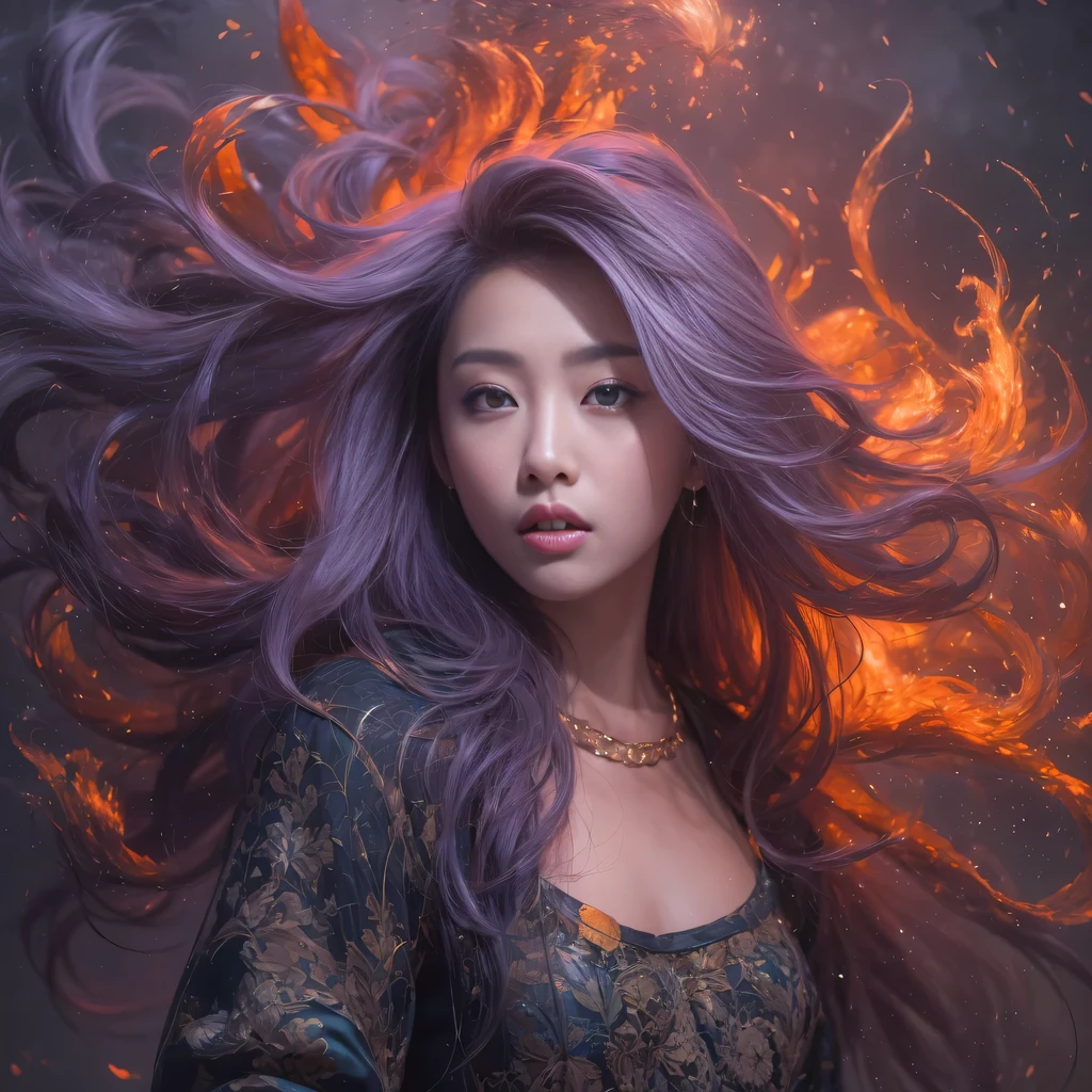 32k(masterpiece,HD,超HD,32k)Bright purple flowing hair,autumn pond,we disagree, a color, Asian (Michiko), (silk scarf), fighting stance, looking at the ground, Orange gradient long hair, Floating bright purple, Fire cloud gold headdress, Chinese long-sleeved gold silk garment, (Abstract ink splash:1.2),mars background,lotus(realistically:1.4),Bright purple hair,Smoke on the road,The background is very pure, high resolution, detail, original photo, Sharp Re, Nikon D850 film photo by Jefferies Lee 4 Kodak Portra 400 camera F1.6 guns, rich and colorful, Super real、Vivid textures, dramatic lighting, Unreal Engine Art Station Trend, Silicon Nest 800,Bright purple flowing hair