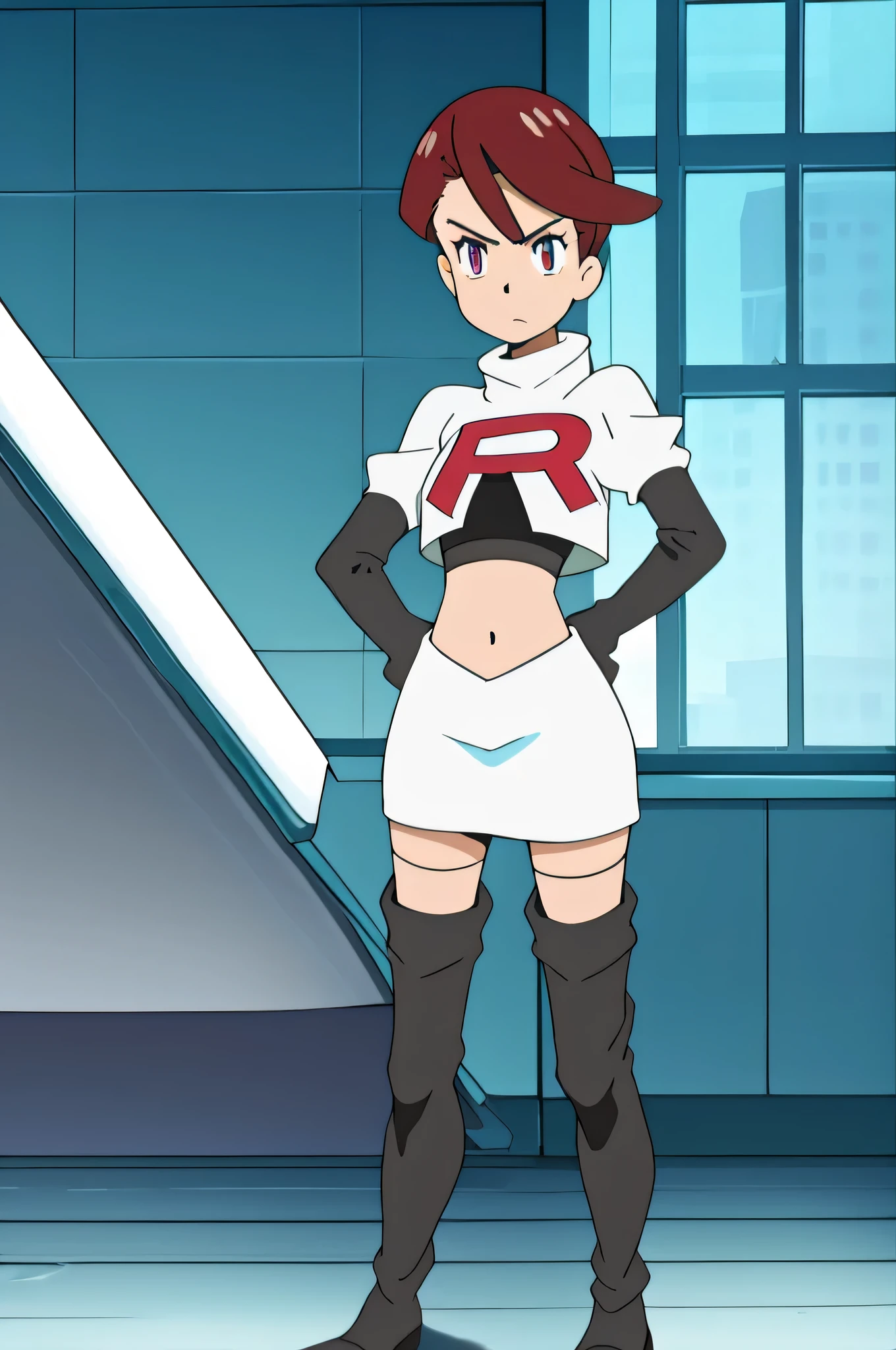 team rocket uniform, red letter r, white skirt, white crop top, black thigh-high boots, black elbow gloves, glaring angrily, looking at viewer, hands on hips, zettai ryouiki, EstFE