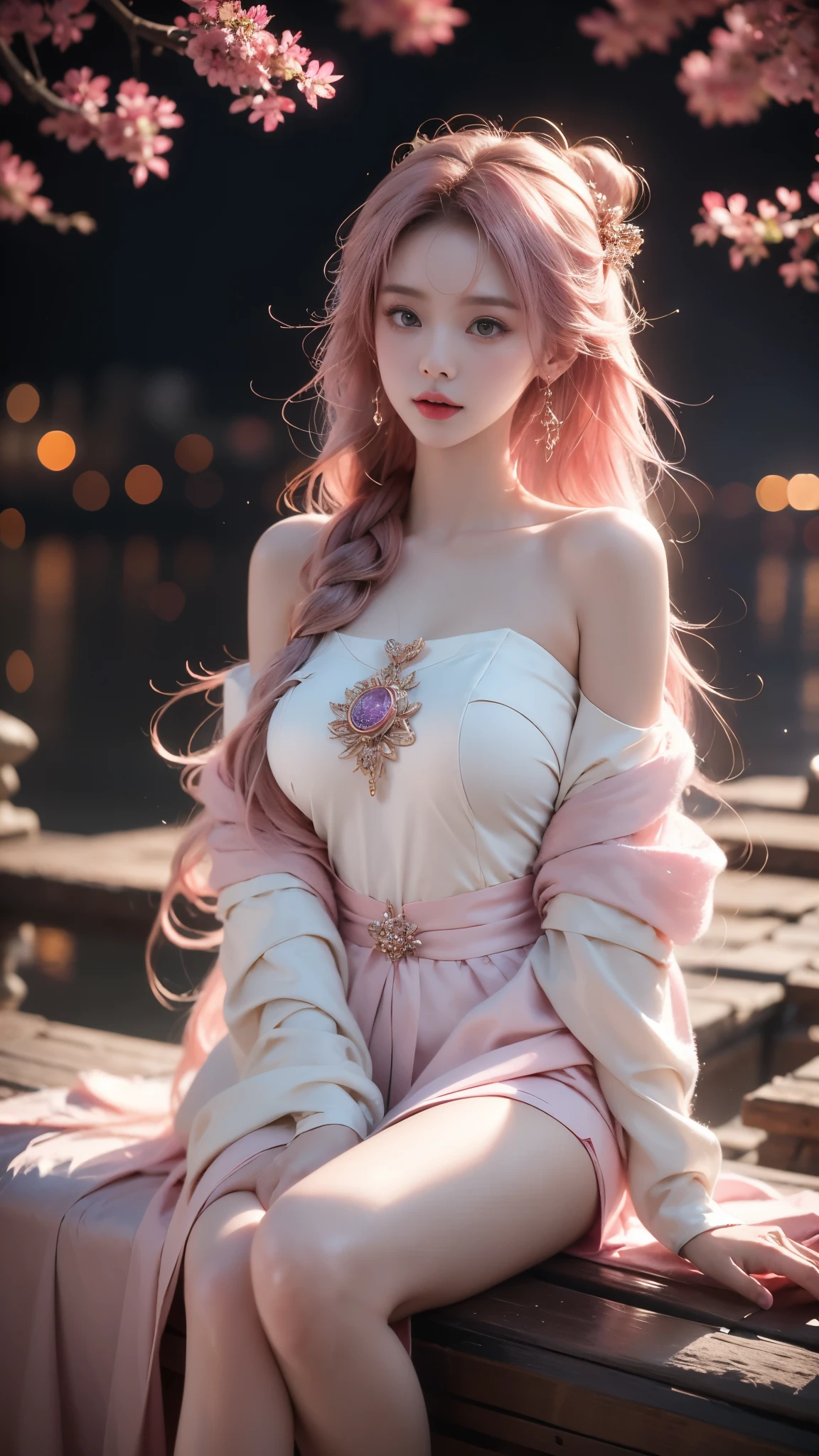 shenzi,1girl,long hair,pink hair,purple eyes,very long hair,hair_ornament,pink kimono, (masterpiece, best quality:1.2), 1girl, solo, ((off shoulder clothes)), In the depths of Wonderland，The moonlight falls like water，foggy room，The figure of the heroine is vaguely visible，Just like the fairy in the painting，Slender sexy legs，Very nice legs，Leaking sexy legs，Big breasts，美丽而又带着一丝mystery的色彩。Her face is beautiful and delicate，Like finely carved jade，Showing otherworldly beauty。The eyebrows are picturesque，The waves in my eyes are like twinkling stars，Show the light of perseverance and wisdom。The bridge of the nose is straight，Lip color like cherry，The slightly raised corners of the mouth reveal confidence and calmness。Her face is well defined，The skin is as fair as jade，Reveals a healthy glow，Just like a fairy, she never eats fireworks in the world。Her makeup is light and delicate，Not too much embellishment，But enough to show her temperament and charm。Light-colored foundation brings out the transparency of the skin，A light eyebrow pencil outlines her perfect eyebrow shape，Eye makeup is eye shadow and eyeliner，Make her eyes brighter and more energetic。嘴唇涂上grace的口红，Adds a bit of charm and sophistication。她的衣服grace别致，Clothes flutter，It seems like it will be blown up by the wind at any time，drifting into the distance。既不失grace，Also showed her extraordinary skills。Rocking with her movements。Her hair is tied back casually，Secure it with a hosta，A few strands of hair are fluttering gently in the wind，Adds a bit of softness。Her figure is looming in the fairyland，宛如一道Big breasts美丽的风景线，attracted everyone&#39;s attention。She seems to be a fairy in wonderland，Big breasts美丽、grace、mystery、and full of power。