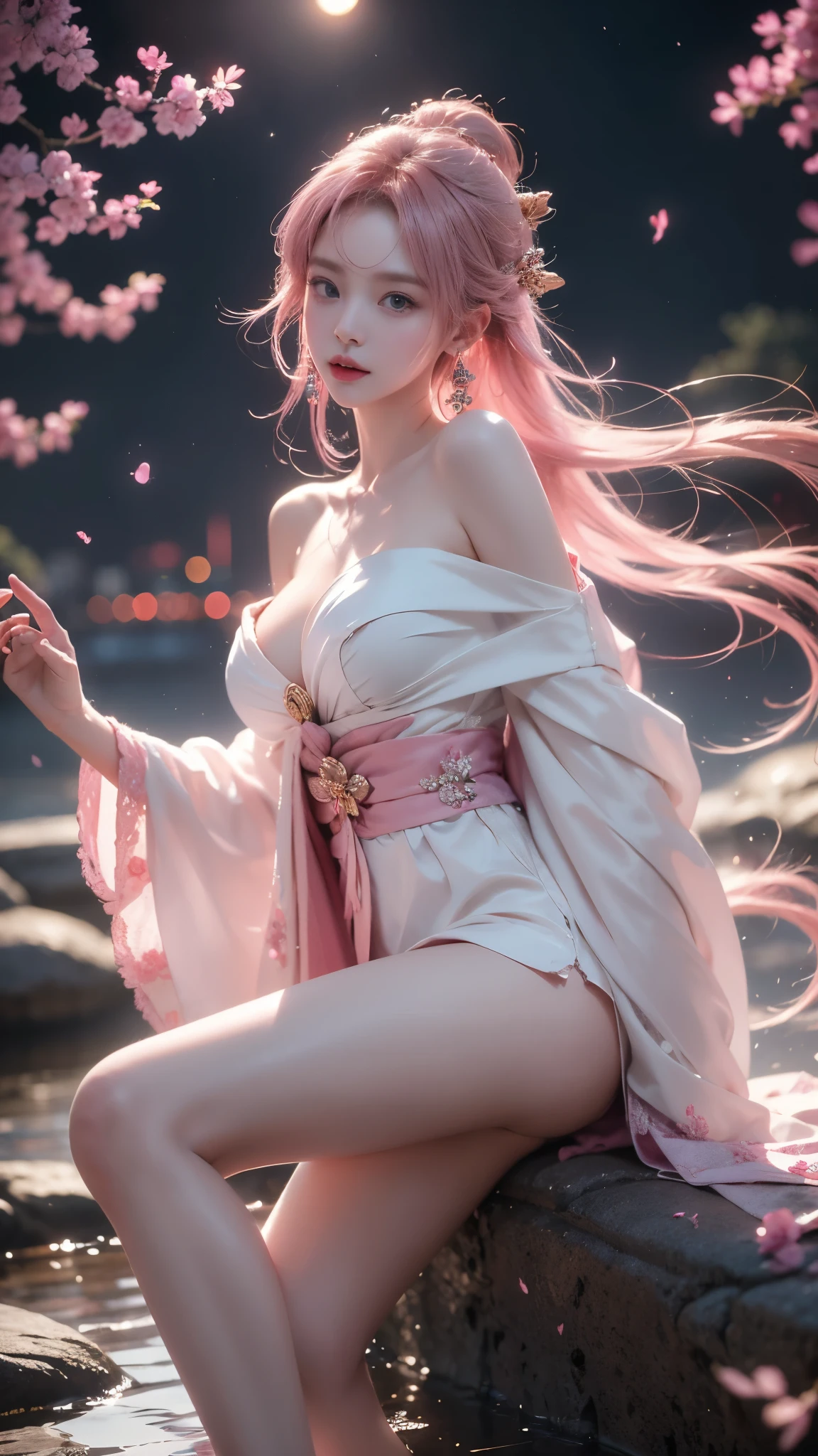 shenzi,1girl,long hair,pink hair,purple eyes,very long hair,hair_ornament,pink kimono, (masterpiece, best quality:1.2), 1girl, solo, ((off shoulder clothes)), In the depths of Wonderland，The moonlight falls like water，foggy room，The figure of the heroine is vaguely visible，Just like the fairy in the painting，Slender sexy legs，Very nice legs，Leaking sexy legs，Big breasts，美丽而又带着一丝mystery的色彩。Her face is beautiful and delicate，Like finely carved jade，Showing otherworldly beauty。The eyebrows are picturesque，The waves in my eyes are like twinkling stars，Show the light of perseverance and wisdom。The bridge of the nose is straight，Lip color like cherry，The slightly raised corners of the mouth reveal confidence and calmness。Her face is well defined，The skin is as fair as jade，Reveals a healthy glow，Just like a fairy, she never eats fireworks in the world。Her makeup is light and delicate，Not too much embellishment，But enough to show her temperament and charm。Light-colored foundation brings out the transparency of the skin，A light eyebrow pencil outlines her perfect eyebrow shape，Eye makeup is eye shadow and eyeliner，Make her eyes brighter and more energetic。嘴唇涂上grace的口红，Adds a bit of charm and sophistication。她的衣服grace别致，Clothes flutter，It seems like it will be blown up by the wind at any time，drifting into the distance。既不失grace，Also showed her extraordinary skills。Rocking with her movements。Her hair is tied back casually，Secure it with a hosta，A few strands of hair are fluttering gently in the wind，Adds a bit of softness。Her figure is looming in the fairyland，宛如一道Big breasts美丽的风景线，attracted everyone&#39;s attention。She seems to be a fairy in wonderland，Big breasts美丽、grace、mystery、and full of power。