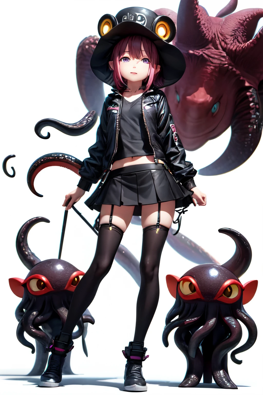 ((最好的质量)), ((杰作)), (详细的), 完美的脸, full body portrait, anime secondary, , cunning, 3d modeling, octopus hat, cthulhu, virtual anchor, more accessories, short skirt, cyberpunk, high resolution, white background