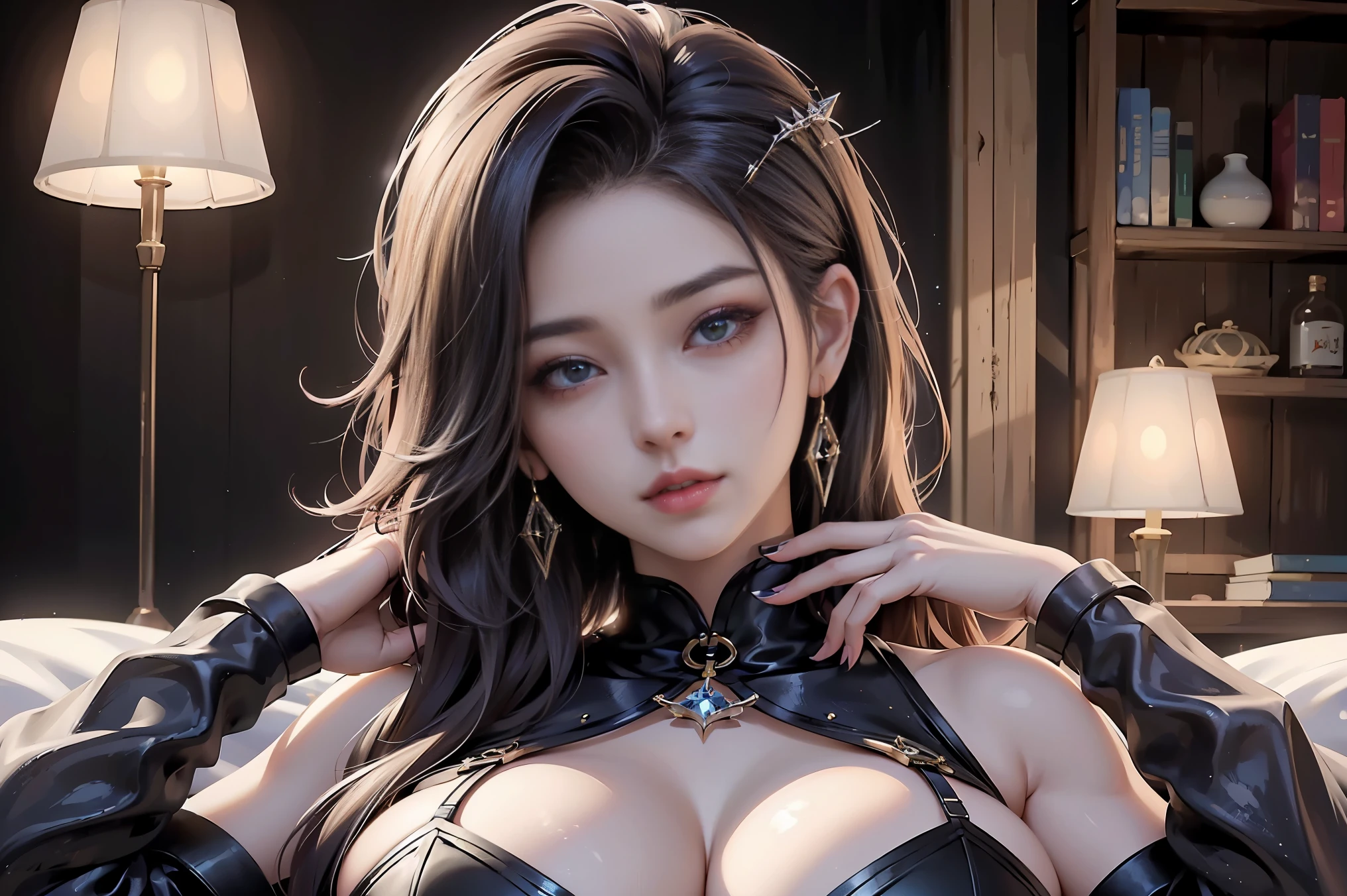 ((realistic light、highest quality、8K、masterpiece:1.3))、1 girl、beautiful woman with perfect figure:1.4、abs:1.1、(huge breasts:1.5)、Arabic address:1.2、bed、highly detailed face、detailed eye、double eyelid、perfect hands、perfect fingers、perfect breasts、perfect hair、perfect face、perfect body