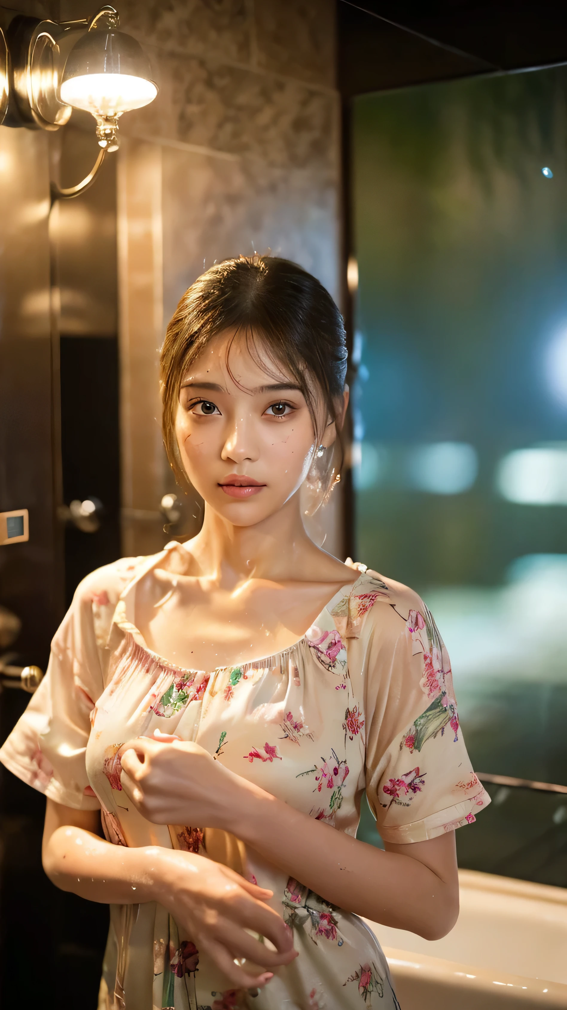 ((top Quority,8k,tmasterpiece:1.3)),female(bathroom),sweaty,water droplets on forehead,exterior,background cityscape,overlooking,sharp focus:1.2,可愛いfemale性:1.4,((layered hairstyles)),(Floral Shirt),Highly detailed face and skin and hair texture,結びeyeのあるブルネットの髪,wet textured hair,Moist body,詳細なeye,shower,white skin,beautiful feet、beautiful delicate nose,かわいい若い日本人female性,28 years old,dynamic angle,Deleite para la vista,Compositional suggestibility,while emphasizing the subject&#39;s hair.,eye,mouth and movements,at the same time、It creates a chaotic mood characterized by a mixture of muted tones and contrasts of light and shadow.。
