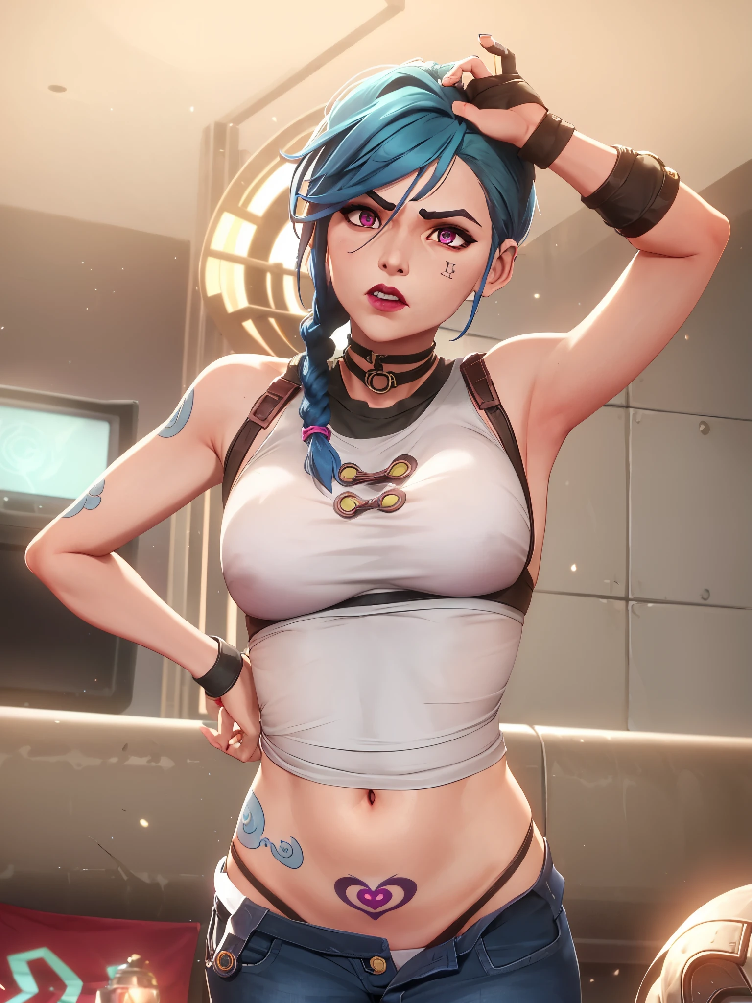 mysterious style,

1 girl, arm tattoo, asymmetrical Bangs, Bangs, blue hair, braid, brown shirt, cloud tattoo, looking at the audience, lol, crazy, 无法控制的lol声, crazy样子, night, City, green hair, long hair, diaphragm, pink eyes, red lips, shirt, alone, permanent, tattoo, twin braids, Upper body, arcane doom, doom \(League of Legends\)

