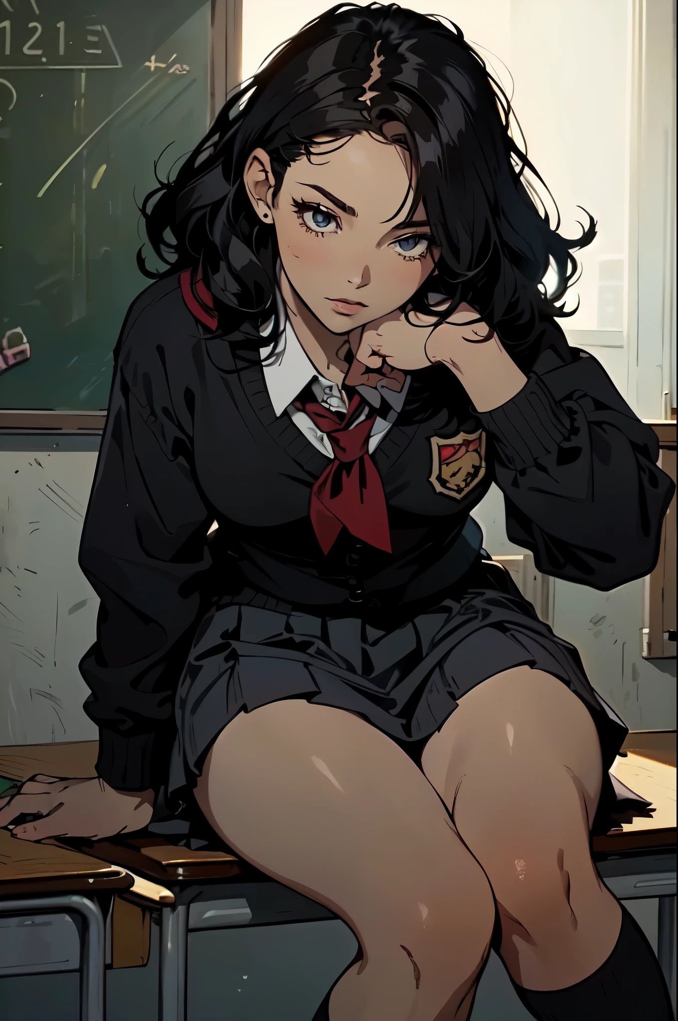 (masterpiece, highest quality), (high resolution, details),
anime, line-art:1.5, flat shading,

Solo: 1.2, female,(detailed face:1.2),(detailed hair:1.2),
(School uniform: 1.5), Baggy socks,
(Unruly hair, voluminous hair),
(Beautiful thighs: 1.0),
