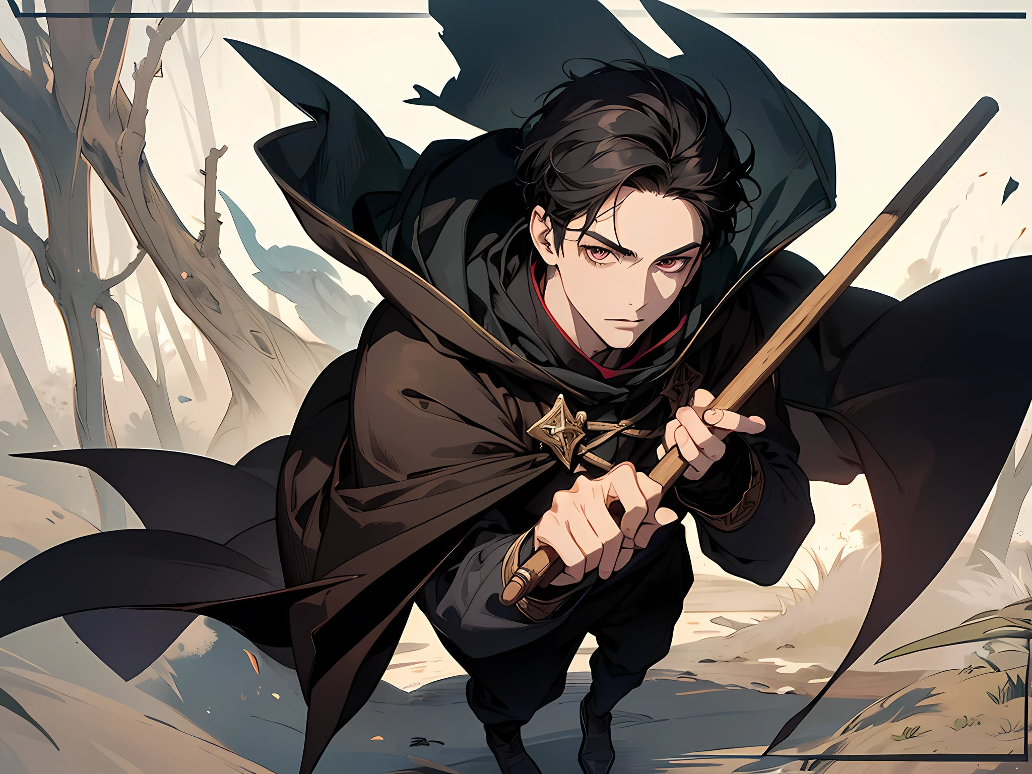 1 man wearing cloak and underwear only, holding a wooden stick, short hair, black hair, face to detail, detailed eyes, the background is in forest, have a little pet flying around him, full-body illustration