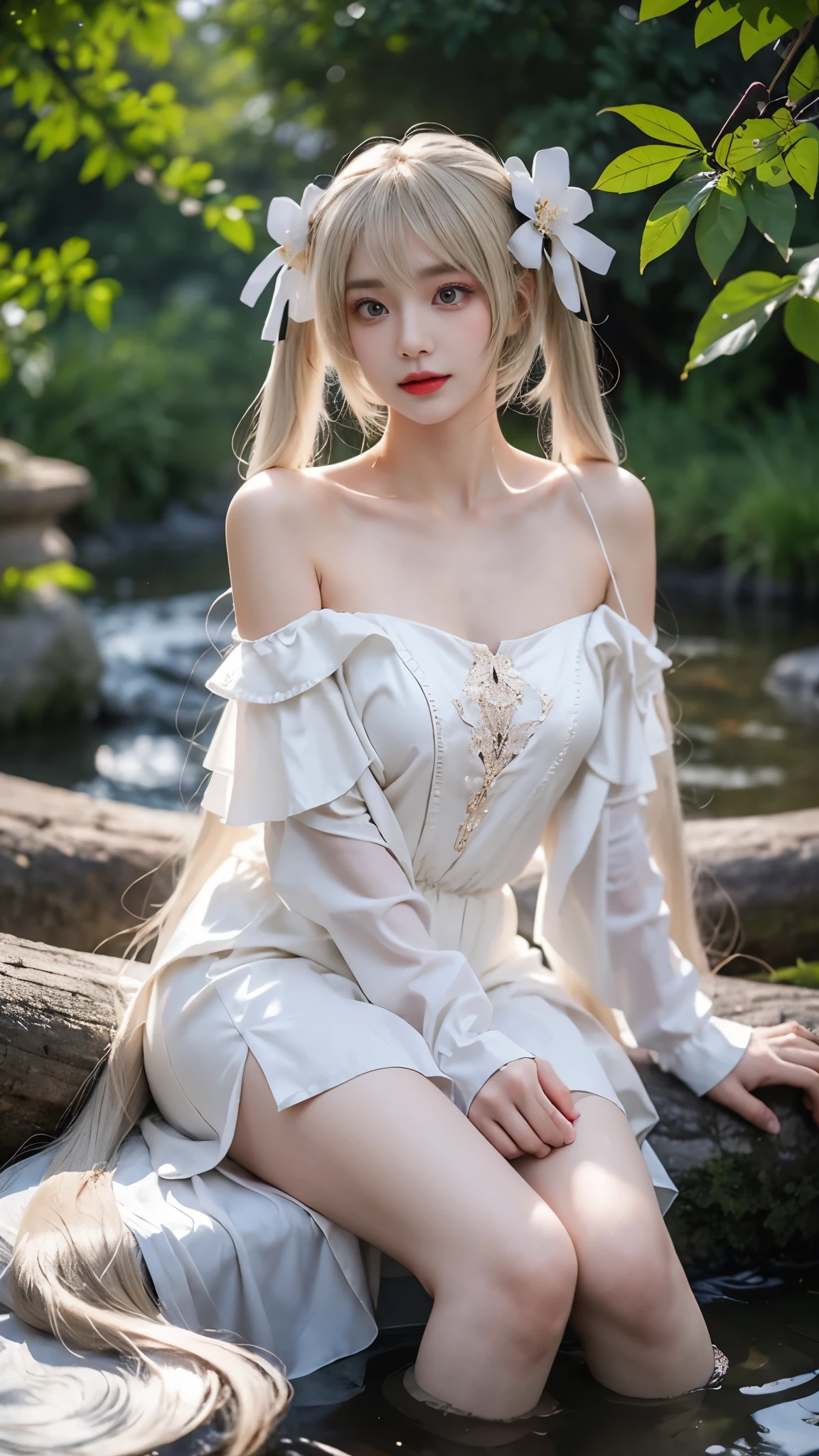 kasugano sora,long white hair,twintails,hair ribbon,hair ornament, (masterpiece, best quality:1.2), 1girl, solo, ((off shoulder clothes)), In the depths of Wonderland，The moonlight falls like water，foggy room，The figure of the heroine is vaguely visible，Just like the fairy in the painting，Slender sexy legs，Very nice legs，Leaking sexy legs，Big breasts，美丽而又带着一丝mystery的色彩。Her face is beautiful and delicate，Like finely carved jade，Showing otherworldly beauty。The eyebrows are picturesque，The waves in my eyes are like twinkling stars，Show the light of perseverance and wisdom。The bridge of the nose is straight，Lip color like cherry，The slightly raised corners of the mouth reveal confidence and calmness。Her face is well defined，The skin is as fair as jade，Reveals a healthy glow，Just like a fairy, she never eats fireworks in the world。Her makeup is light and delicate，Not too much embellishment，But enough to show her temperament and charm。Light-colored foundation brings out the transparency of the skin，A light eyebrow pencil outlines her perfect eyebrow shape，Eye makeup is eye shadow and eyeliner，Make her eyes brighter and more energetic。嘴唇涂上grace的口红，Adds a bit of charm and sophistication。她的衣服grace别致，Clothes flutter，It seems like it will be blown up by the wind at any time，drifting into the distance。既不失grace，Also showed her extraordinary skills。Rocking with her movements。Her hair is tied back casually，Secure it with a hosta，A few strands of hair are fluttering gently in the wind，Adds a bit of softness。Her figure is looming in the fairyland，宛如一道Big breasts美丽的风景线，attracted everyone&#39;s attention。She seems to be a fairy in wonderland，Big breasts美丽、grace、mystery、and full of power。