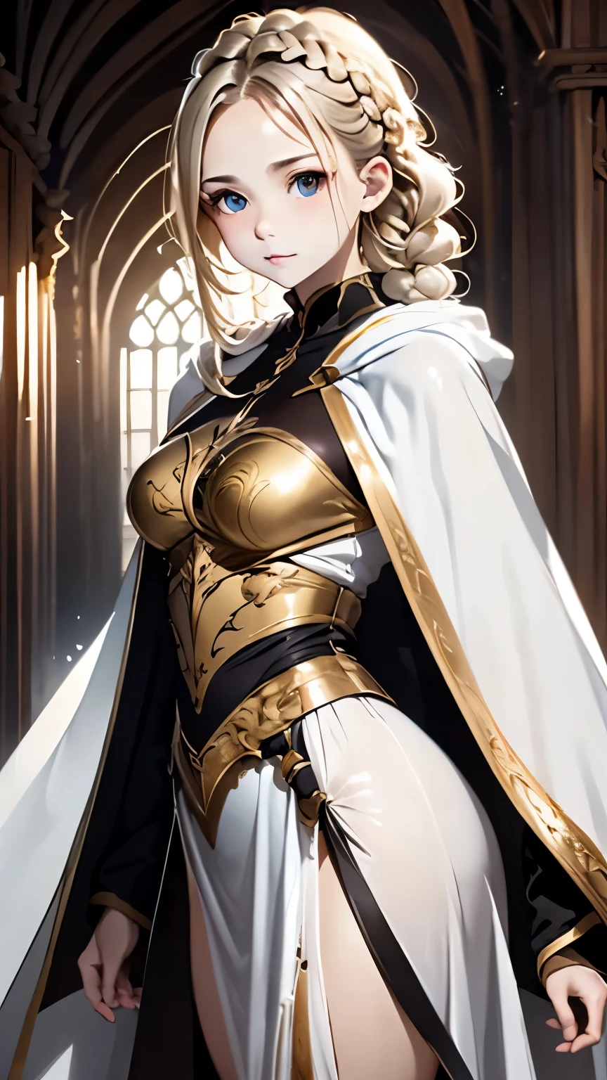 one woman、Rin々new appearance、Rinとした表情、cold look、medieval monk、pure white battle uniform、blonde、french braid、have a sword、white cloak、Sword Art Online、(masterpiece, highest quality, highest quality, official art, beautiful and aesthetic:1.2)