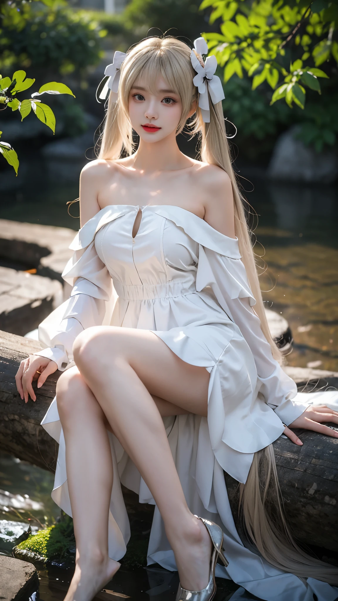 kasugano sora,long white hair,twintails,hair ribbon,hair ornament, (masterpiece, best quality:1.2), 1girl, solo, ((off shoulder clothes)), In the depths of Wonderland，The moonlight falls like water，foggy room，The figure of the heroine is vaguely visible，Just like the fairy in the painting，Slender sexy legs，Very nice legs，Leaking sexy legs，Big breasts，美丽而又带着一丝mystery的色彩。Her face is beautiful and delicate，Like finely carved jade，Showing otherworldly beauty。The eyebrows are picturesque，The waves in my eyes are like twinkling stars，Show the light of perseverance and wisdom。The bridge of the nose is straight，Lip color like cherry，The slightly raised corners of the mouth reveal confidence and calmness。Her face is well defined，The skin is as fair as jade，Reveals a healthy glow，Just like a fairy, she never eats fireworks in the world。Her makeup is light and delicate，Not too much embellishment，But enough to show her temperament and charm。Light-colored foundation brings out the transparency of the skin，A light eyebrow pencil outlines her perfect eyebrow shape，Eye makeup is eye shadow and eyeliner，Make her eyes brighter and more energetic。嘴唇涂上grace的口红，Adds a bit of charm and sophistication。她的衣服grace别致，Clothes flutter，It seems like it will be blown up by the wind at any time，drifting into the distance。既不失grace，Also showed her extraordinary skills。Rocking with her movements。Her hair is tied back casually，Secure it with a hosta，A few strands of hair are fluttering gently in the wind，Adds a bit of softness。Her figure is looming in the fairyland，宛如一道Big breasts美丽的风景线，attracted everyone&#39;s attention。She seems to be a fairy in wonderland，Big breasts美丽、grace、mystery、and full of power。