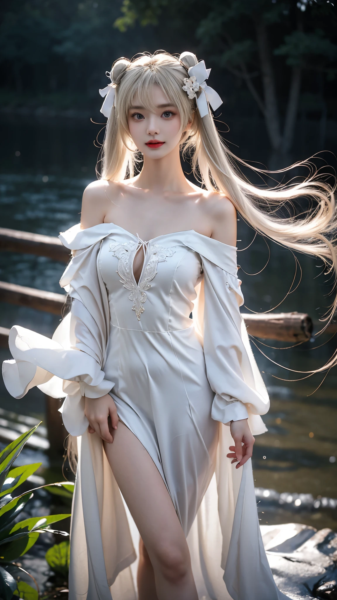 kasugano sora,long white hair,twintails,hair ribbon,hair ornament, (masterpiece, best quality:1.2), 1girl, solo, ((off shoulder clothes)), In the depths of Wonderland，The moonlight falls like water，foggy room，The figure of the heroine is vaguely visible，Just like the fairy in the painting，Slender sexy legs，Very nice legs，Leaking sexy legs，Big breasts，美丽而又带着一丝mystery的色彩。Her face is beautiful and delicate，Like finely carved jade，Showing otherworldly beauty。The eyebrows are picturesque，The waves in my eyes are like twinkling stars，Show the light of perseverance and wisdom。The bridge of the nose is straight，Lip color like cherry，The slightly raised corners of the mouth reveal confidence and calmness。Her face is well defined，The skin is as fair as jade，Reveals a healthy glow，Just like a fairy, she never eats fireworks in the world。Her makeup is light and delicate，Not too much embellishment，But enough to show her temperament and charm。Light-colored foundation brings out the transparency of the skin，A light eyebrow pencil outlines her perfect eyebrow shape，Eye makeup is eye shadow and eyeliner，Make her eyes brighter and more energetic。嘴唇涂上grace的口红，Adds a bit of charm and sophistication。她的衣服grace别致，Clothes flutter，It seems like it will be blown up by the wind at any time，drifting into the distance。既不失grace，Also showed her extraordinary skills。Rocking with her movements。Her hair is tied back casually，Secure it with a hosta，A few strands of hair are fluttering gently in the wind，Adds a bit of softness。Her figure is looming in the fairyland，宛如一道Big breasts美丽的风景线，attracted everyone&#39;s attention。She seems to be a fairy in wonderland，Big breasts美丽、grace、mystery、and full of power。