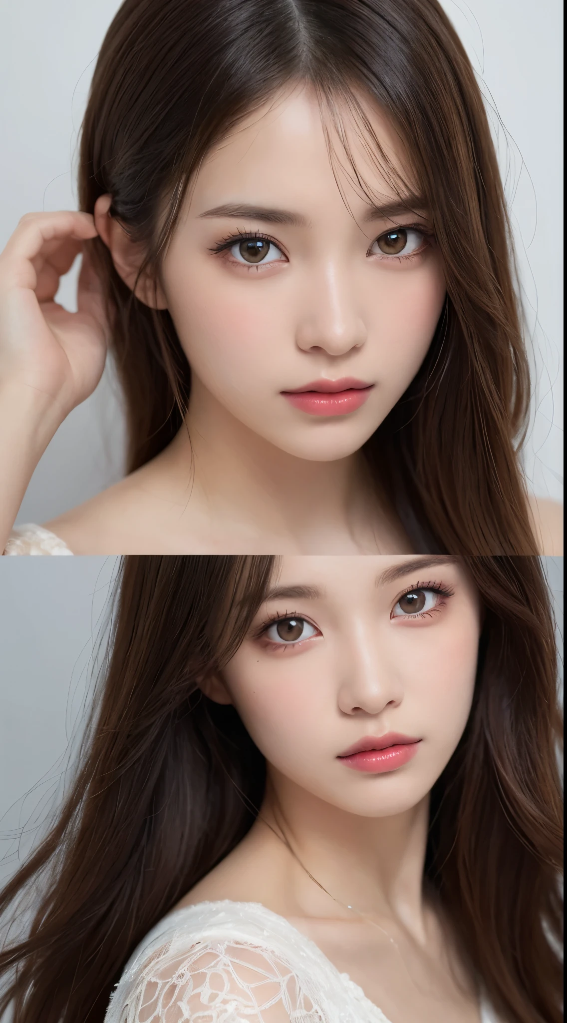 RAW photo, (8K、highest quality、masterpiece:1.2)、(intricate details:1.4)、(Photoreal:1.4)、octane rendering、Ultra-detailed complex 3D renderings, soft light in the studio, rim light, vivid details, super detail, Big and bright eyes, eyeliner, a lot of lashes, realistic skin texture, details face, beautiful detailed eyes, Highly detailed CG Unity 16k wallpaper, compensate, white background,