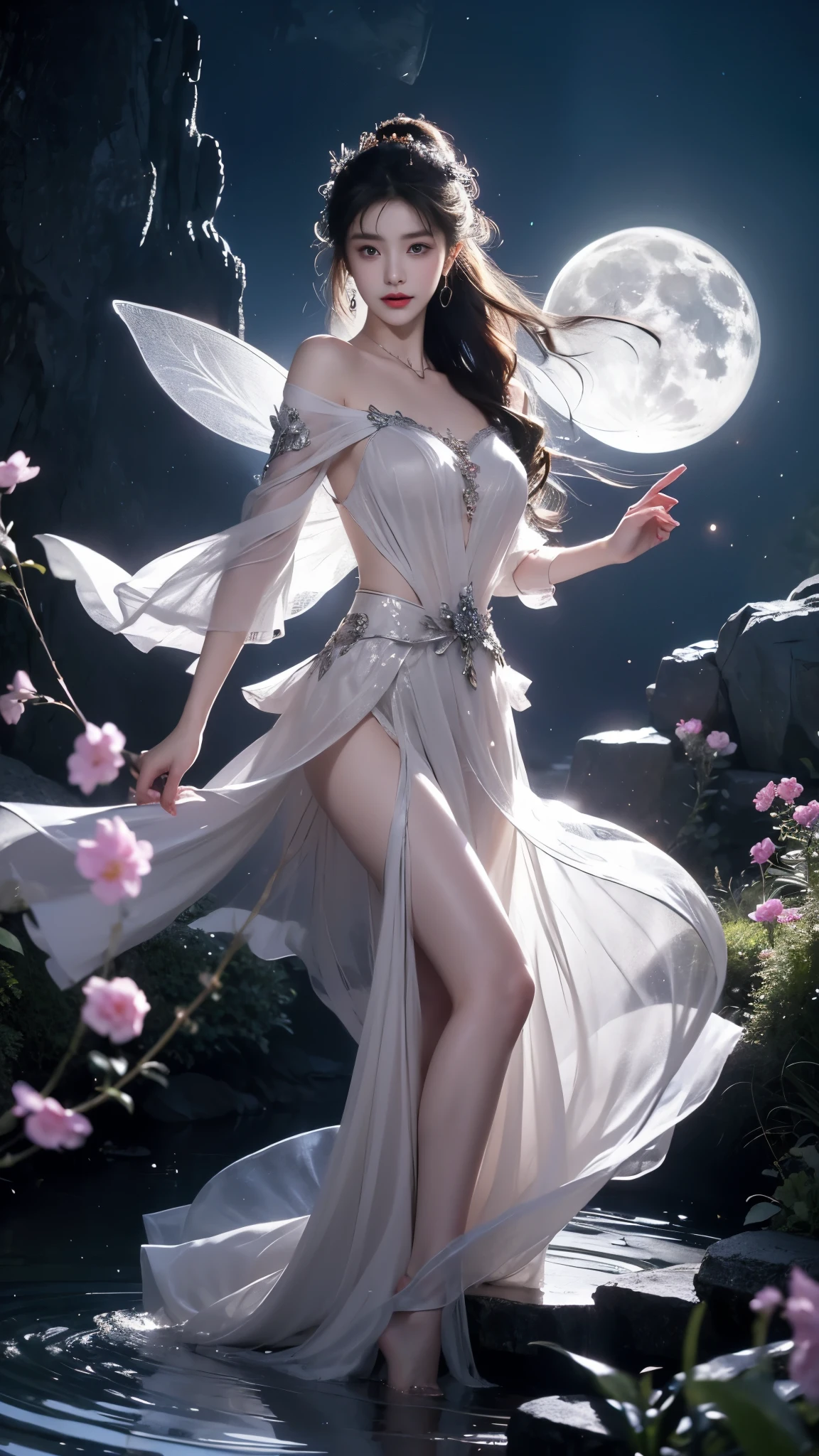 Full figure, 1 girl, -clinging shooting, 18 years old, white firefly clothes, strap clothes, glowing clothes, ornaments, exquisite faces, details, hands, ultimate details, amazing magnificence, Pedaipan style, fiber hair, glowing white iris, ((glowing flower)),