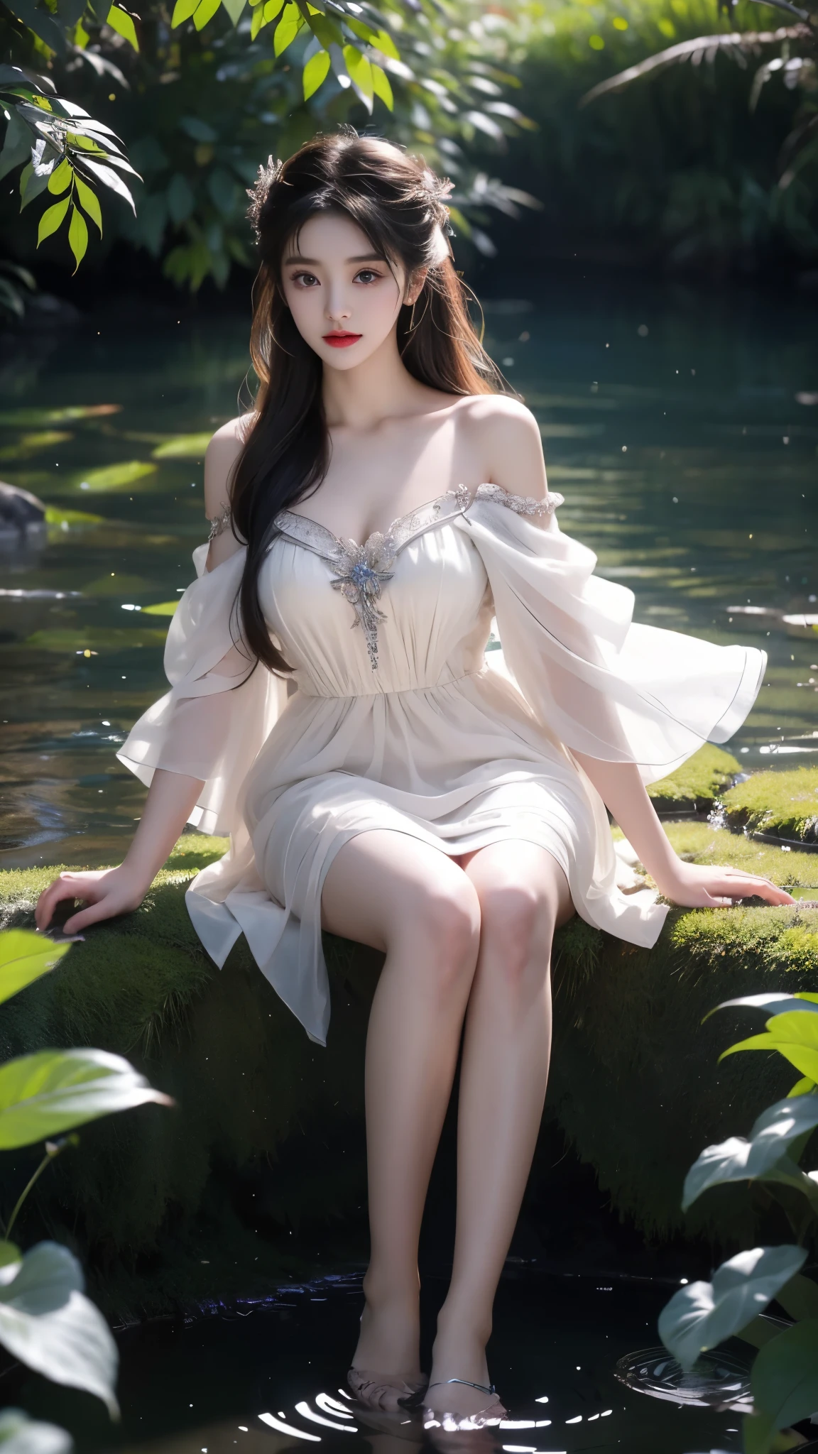 (masterpiece, best quality:1.2), 1girl, solo, ((off shoulder clothes)), In the depths of Wonderland,The moonlight falls like water,foggy room,The figure of the heroine is vaguely visible,Just like the fairy in the painting,Slender sexy legs,Very nice legs,Leaking sexy legs,Big breasts,美丽而又带着一丝mystery的色彩。Her face is beautiful and delicate,Like finely carved jade,Showing otherworldly beauty。The eyebrows are picturesque,The waves in my eyes are like twinkling stars,Show the light of perseverance and wisdom。The bridge of the nose is straight,Lip color like cherry,The slightly raised corners of the mouth reveal confidence and calmness。Her face is well defined,The skin is as fair as jade,Reveals a healthy glow,Just like a fairy, she never eats fireworks in the world。Her makeup is light and delicate,Not too much embellishment,But enough to show her temperament and charm。Light-colored foundation brings out the transparency of the skin,A light eyebrow pencil outlines her perfect eyebrow shape,Eye makeup is eye shadow and eyeliner,Make her eyes brighter and more energetic。嘴唇涂上grace的口红,Adds a bit of charm and sophistication。她的衣服grace别致,Clothes flutter,It seems like it will be blown up by the wind at any time,drifting into the distance。既不失grace,Also showed her extraordinary skills。Rocking with her movements。Her hair is tied back casually,Secure it with a hosta,A few strands of hair are fluttering gently in the wind,Adds a bit of softness。Her figure is looming in the fairyland,宛如一道Big breasts美丽的风景线,attracted everyone's attention。She seems to be a fairy in wonderland,Big breasts美丽、grace、mystery、and full of power。