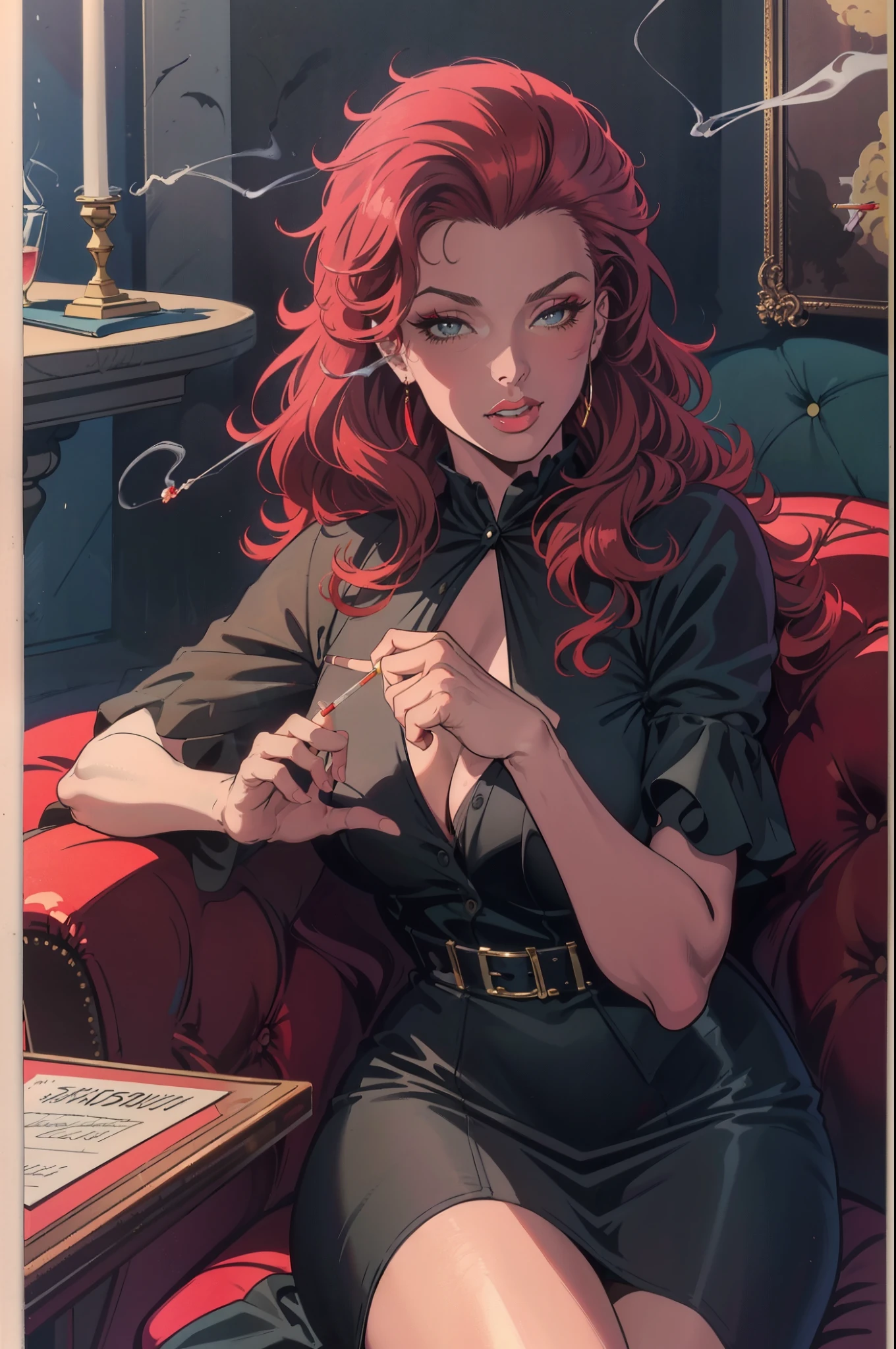 (masterpiece),(best quality),(ultra-detailed),(best illustration),(best shadow),(absurdres),(detailed background), full body shot, women, long red hair, 1950s, Black dress, make up, 1950's Club background, elegant, cigarette, smoking, sitting at the club