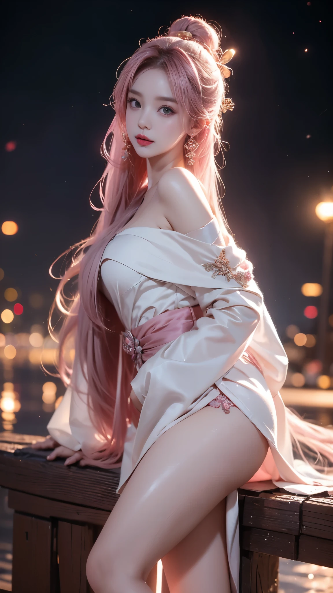 shenzi,1girl,long hair,pink hair,purple eyes,very long hair,hair_ornament,pink kimono, (masterpiece, best quality:1.2), 1girl, solo, ((off shoulder clothes)), ((night)), lantern, In the depths of Wonderland，The moonlight falls like water，foggy room，The figure of the heroine is vaguely visible，Just like the fairy in the painting，Slender sexy legs，Very nice legs，Leaking sexy legs，Big breasts，美丽而又带着一丝mystery的色彩。Her face is beautiful and delicate，Like finely carved jade，Showing otherworldly beauty。The eyebrows are picturesque，The waves in my eyes are like twinkling stars，Show the light of perseverance and wisdom。The bridge of the nose is straight，Lip color like cherry，The slightly raised corners of the mouth reveal confidence and calmness。Her face is well defined，The skin is as fair as jade，Reveals a healthy glow，Just like a fairy, she never eats fireworks in the world。Her makeup is light and delicate，Not too much embellishment，But enough to show her temperament and charm。Light-colored foundation brings out the transparency of the skin，A light eyebrow pencil outlines her perfect eyebrow shape，Eye makeup is eye shadow and eyeliner，Make her eyes brighter and more energetic。嘴唇涂上grace的口红，Adds a bit of charm and sophistication。她的衣服grace别致，Clothes flutter，It seems like it will be blown up by the wind at any time，drifting into the distance。既不失grace，Also showed her extraordinary skills。Rocking with her movements。Her hair is tied back casually，Secure it with a hosta，A few strands of hair are fluttering gently in the wind，Adds a bit of softness。Her figure is looming in the fairyland，宛如一道Big breasts美丽的风景线，attracted everyone&#39;s attention。She seems to be a fairy in wonderland，Big breasts美丽、grace、mystery、and full of power。