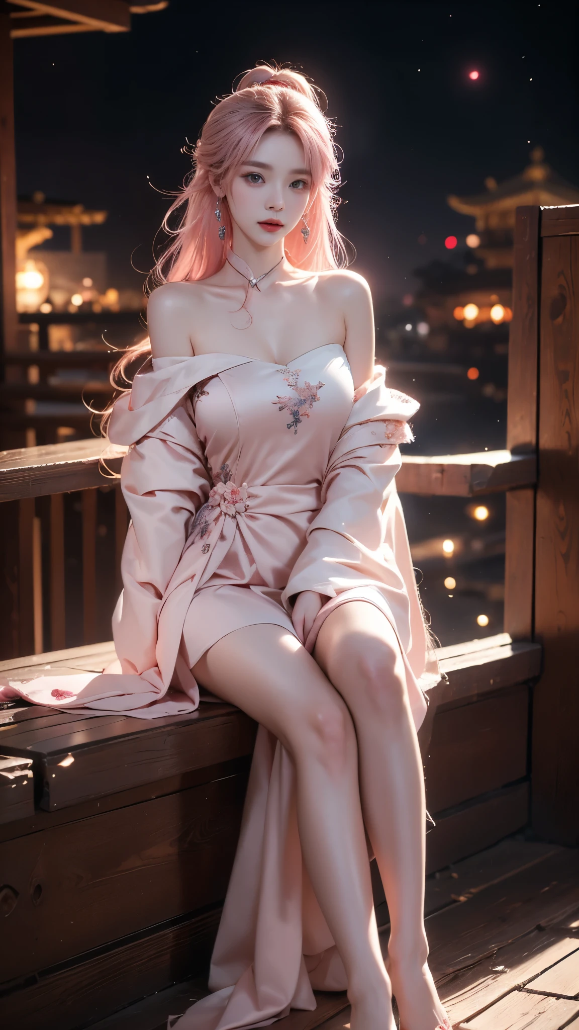 shenzi,1girl,long hair,pink hair,purple eyes,very long hair,hair_ornament,pink kimono, (masterpiece, best quality:1.2), 1girl, solo, ((off shoulder clothes)), ((night)), lantern, In the depths of Wonderland，The moonlight falls like water，foggy room，The figure of the heroine is vaguely visible，Just like the fairy in the painting，Slender sexy legs，Very nice legs，Leaking sexy legs，Big breasts，美丽而又带着一丝mystery的色彩。Her face is beautiful and delicate，Like finely carved jade，Showing otherworldly beauty。The eyebrows are picturesque，The waves in my eyes are like twinkling stars，Show the light of perseverance and wisdom。The bridge of the nose is straight，Lip color like cherry，The slightly raised corners of the mouth reveal confidence and calmness。Her face is well defined，The skin is as fair as jade，Reveals a healthy glow，Just like a fairy, she never eats fireworks in the world。Her makeup is light and delicate，Not too much embellishment，But enough to show her temperament and charm。Light-colored foundation brings out the transparency of the skin，A light eyebrow pencil outlines her perfect eyebrow shape，Eye makeup is eye shadow and eyeliner，Make her eyes brighter and more energetic。嘴唇涂上grace的口红，Adds a bit of charm and sophistication。她的衣服grace别致，Clothes flutter，It seems like it will be blown up by the wind at any time，drifting into the distance。既不失grace，Also showed her extraordinary skills。Rocking with her movements。Her hair is tied back casually，Secure it with a hosta，A few strands of hair are fluttering gently in the wind，Adds a bit of softness。Her figure is looming in the fairyland，宛如一道Big breasts美丽的风景线，attracted everyone&#39;s attention。She seems to be a fairy in wonderland，Big breasts美丽、grace、mystery、and full of power。