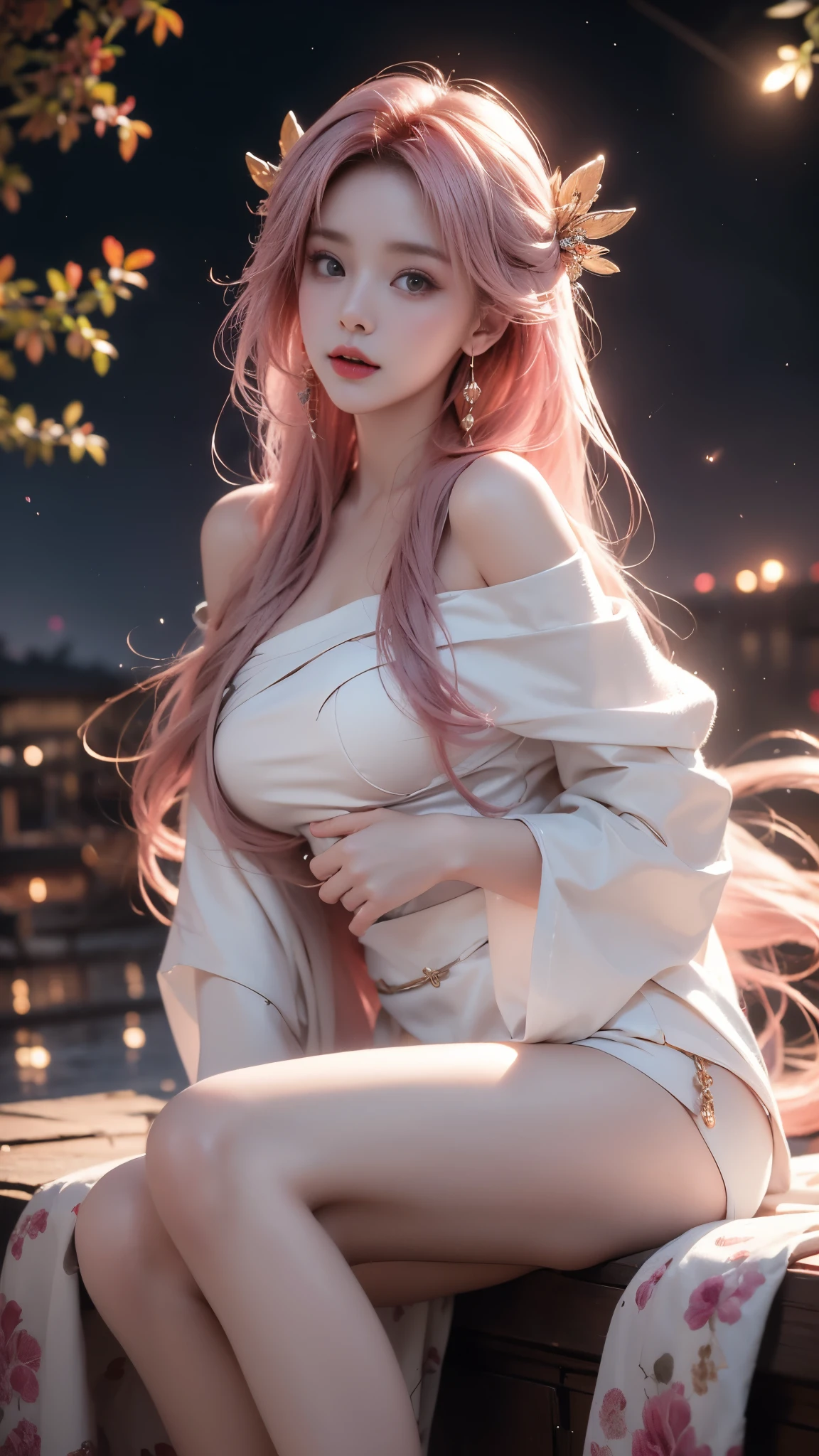 shenzi,1girl,long hair,pink hair,purple eyes,very long hair,hair_ornament,pink kimono, (masterpiece, best quality:1.2), 1girl, solo, ((off shoulder clothes)), ((night)), lantern, In the depths of Wonderland，The moonlight falls like water，foggy room，The figure of the heroine is vaguely visible，Just like the fairy in the painting，Slender sexy legs，Very nice legs，Leaking sexy legs，Big breasts，美丽而又带着一丝mystery的色彩。Her face is beautiful and delicate，Like finely carved jade，Showing otherworldly beauty。The eyebrows are picturesque，The waves in my eyes are like twinkling stars，Show the light of perseverance and wisdom。The bridge of the nose is straight，Lip color like cherry，The slightly raised corners of the mouth reveal confidence and calmness。Her face is well defined，The skin is as fair as jade，Reveals a healthy glow，Just like a fairy, she never eats fireworks in the world。Her makeup is light and delicate，Not too much embellishment，But enough to show her temperament and charm。Light-colored foundation brings out the transparency of the skin，A light eyebrow pencil outlines her perfect eyebrow shape，Eye makeup is eye shadow and eyeliner，Make her eyes brighter and more energetic。嘴唇涂上grace的口红，Adds a bit of charm and sophistication。她的衣服grace别致，Clothes flutter，It seems like it will be blown up by the wind at any time，drifting into the distance。既不失grace，Also showed her extraordinary skills。Rocking with her movements。Her hair is tied back casually，Secure it with a hosta，A few strands of hair are fluttering gently in the wind，Adds a bit of softness。Her figure is looming in the fairyland，宛如一道Big breasts美丽的风景线，attracted everyone&#39;s attention。She seems to be a fairy in wonderland，Big breasts美丽、grace、mystery、and full of power。