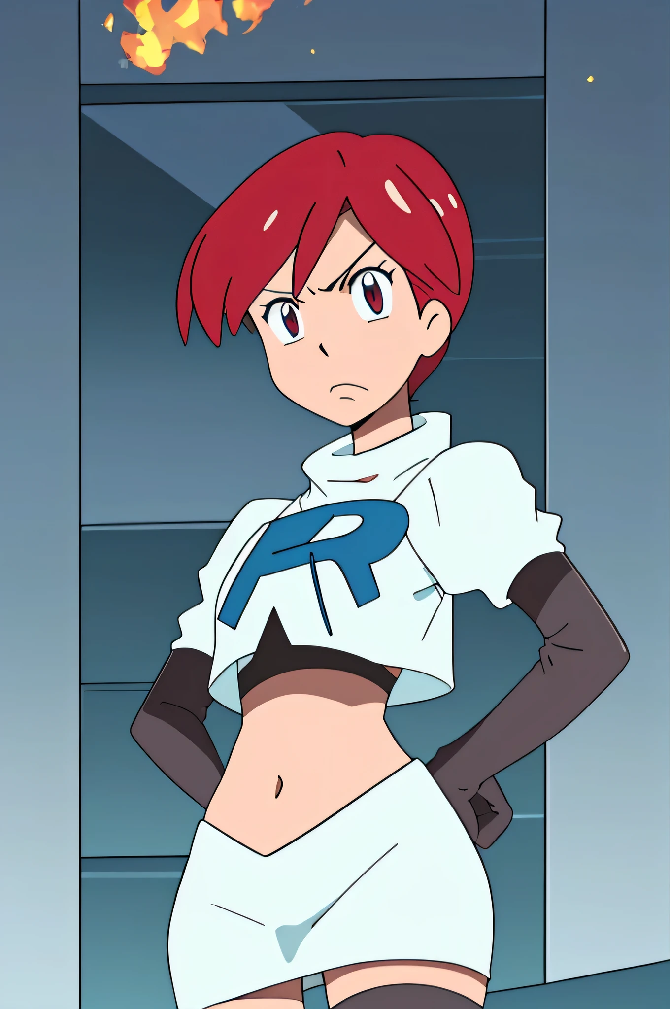 team rocket uniform, red letter r, white skirt, white crop top, black thigh-high boots, black elbow gloves, glaring angrily, looking at viewer, hands on hips, zettai ryouiki, Est Fire Emblem
