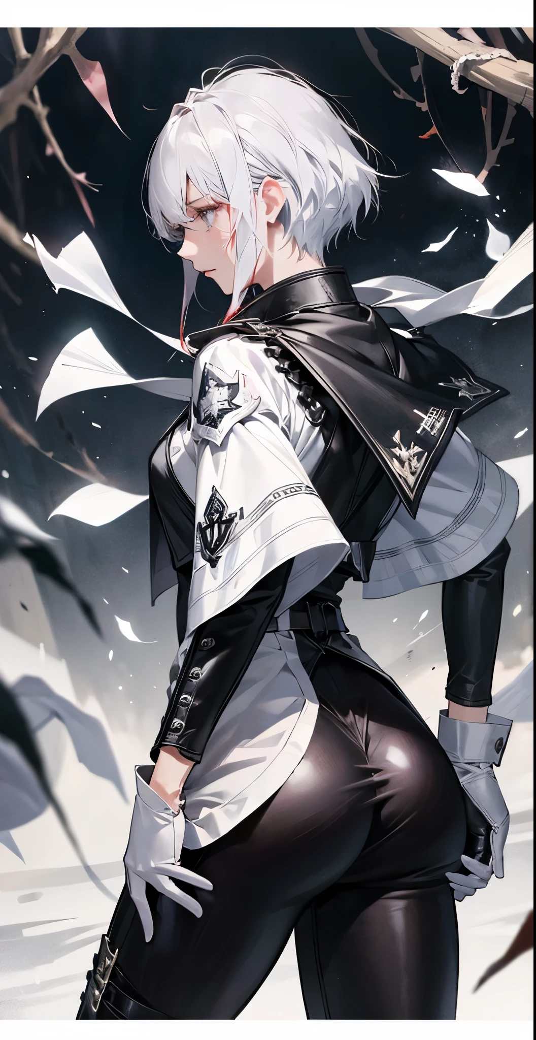 最好of品质、A thriller masterpiece，High gloss dark style，衣衫褴褛of女人背影，Black-white-gray drawing，Blood-colored moonshine，绝望of视觉冲击，hands open，like embracing the sky，愤怒of表情，The ground is covered with blood，Death is imminent，伦敦of尽头，Bell tower chain，blood white cloak，White gloves，gear，death flower，of，back view，butt close-up，Cock your ass，Glow ass，tight leather pants，The butt is facing the camera，view from behind，Squat down and spread your legs，Pulling urine