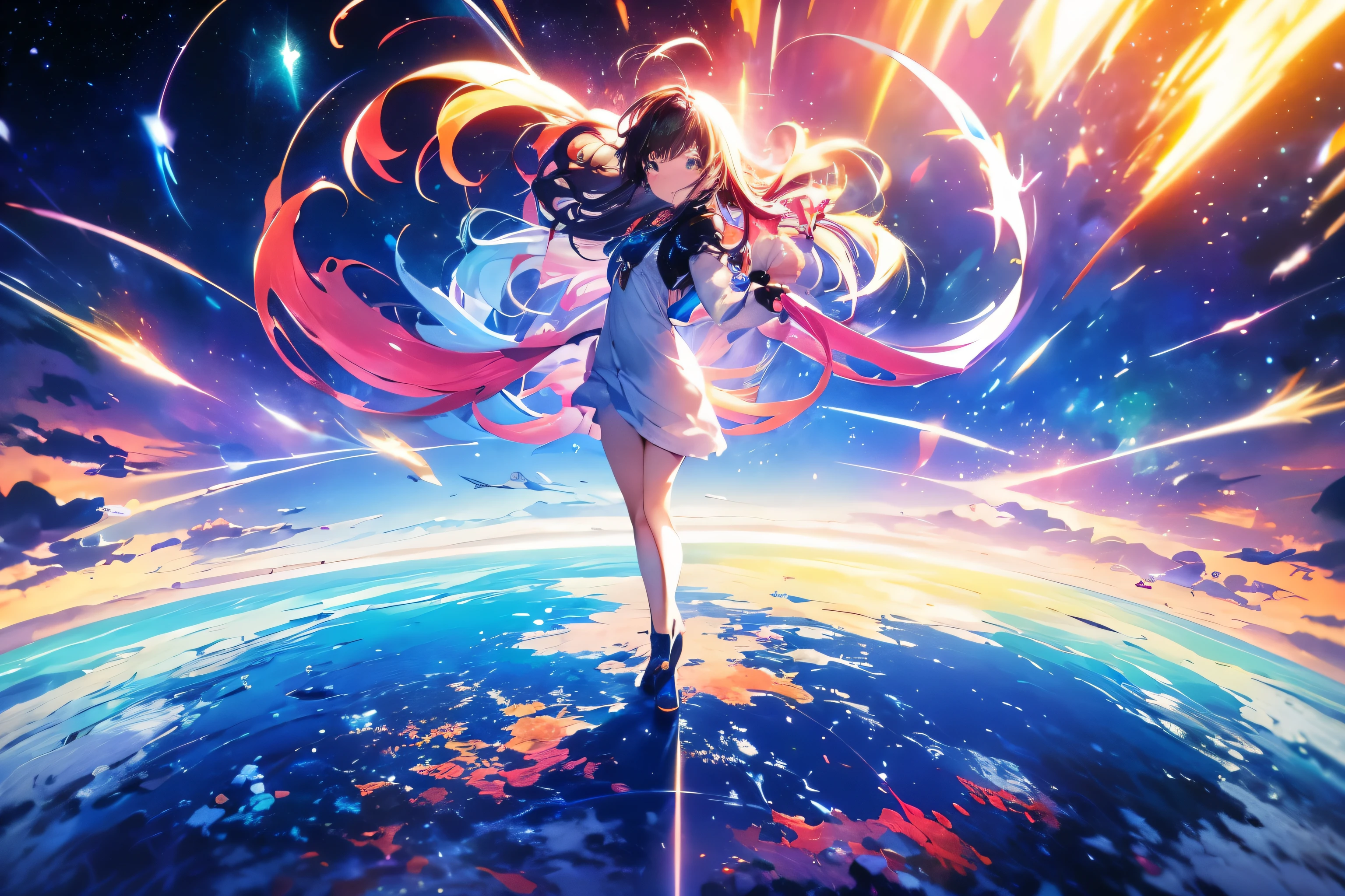 A world more powerful than ever, masterpiece, highest quality, super fine (256 intertwined colors, A world wrapped in many whirlpools, Mosaic Art, very small glass background, Combining small square cuts, Full body of a girl looking up at the backlight), to reach this world (unprecedented colorful praise, A moving and delicate landscape), Lassen's world view of color,