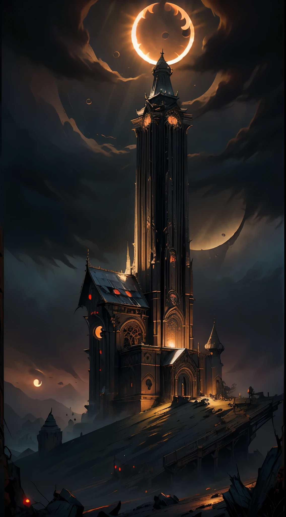 (masterpiece:1.5), best quality, extremly detailed, dark fantasy tower wtith spiky roof, wide base, dark tower, centered focus, view from the bottom of the tower, apocalypse, (solar eclipse:1.4), landscape, dark atmosphere, dark fantasy style, epic emotions, red and black and orange colors, hellsih landscape, apocaliptic ladscape,  dark picture, (epic), no_humans, cinematic, epic atmosphere, foggy ground, apocaliptic scenery