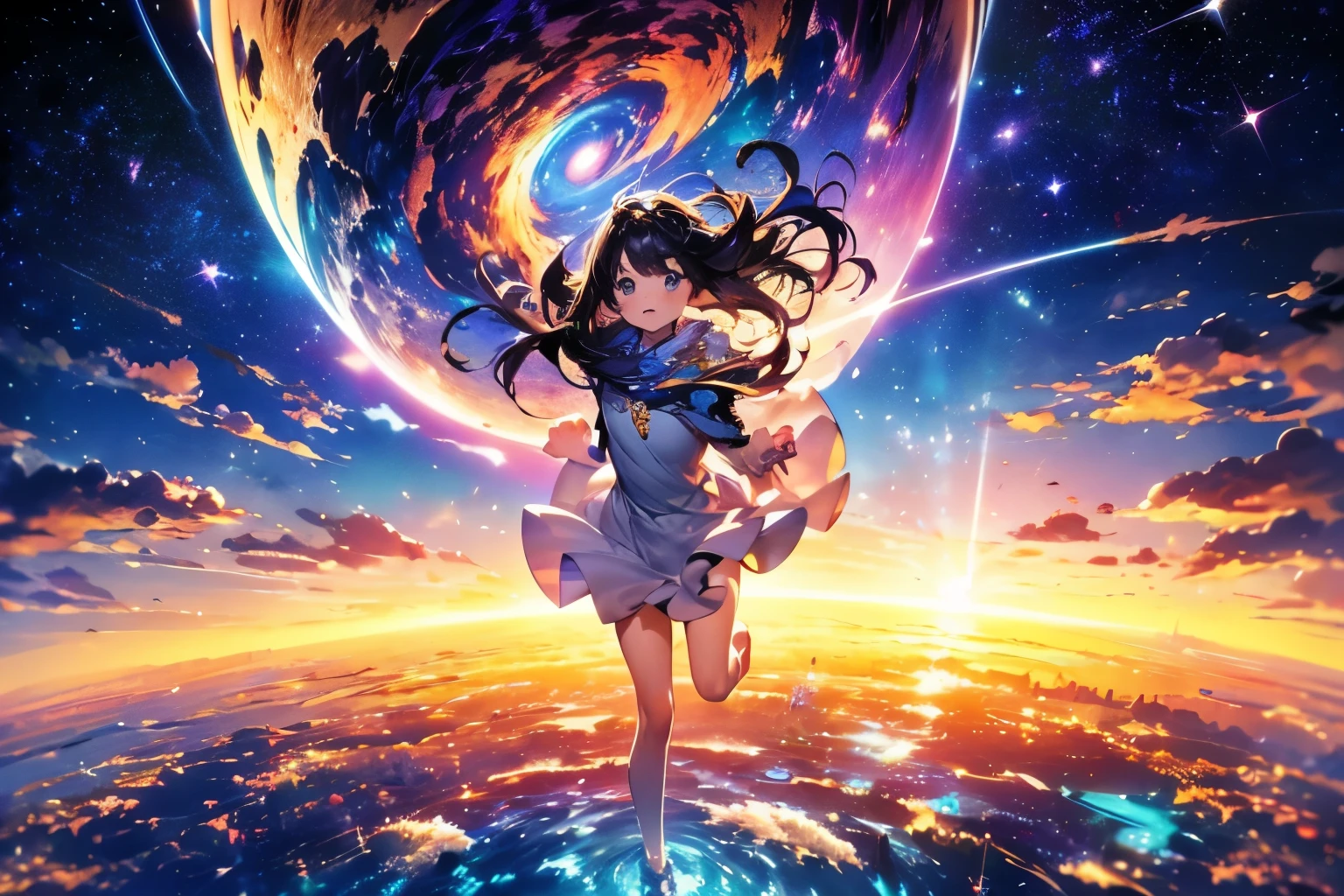 An unprecedentedly powerful world, a masterpiece, the highest quality, ultra-fine (256 intertwined colors, a world wrapped in multiple vortices, mosaic art, an extremely small glass background, combined with small square cuts, the whole body of a girl looking up at the backlight), Reaching into this world (unprecedented colorful admiration, moving and delicate landscapes), Lassen's world view of color,