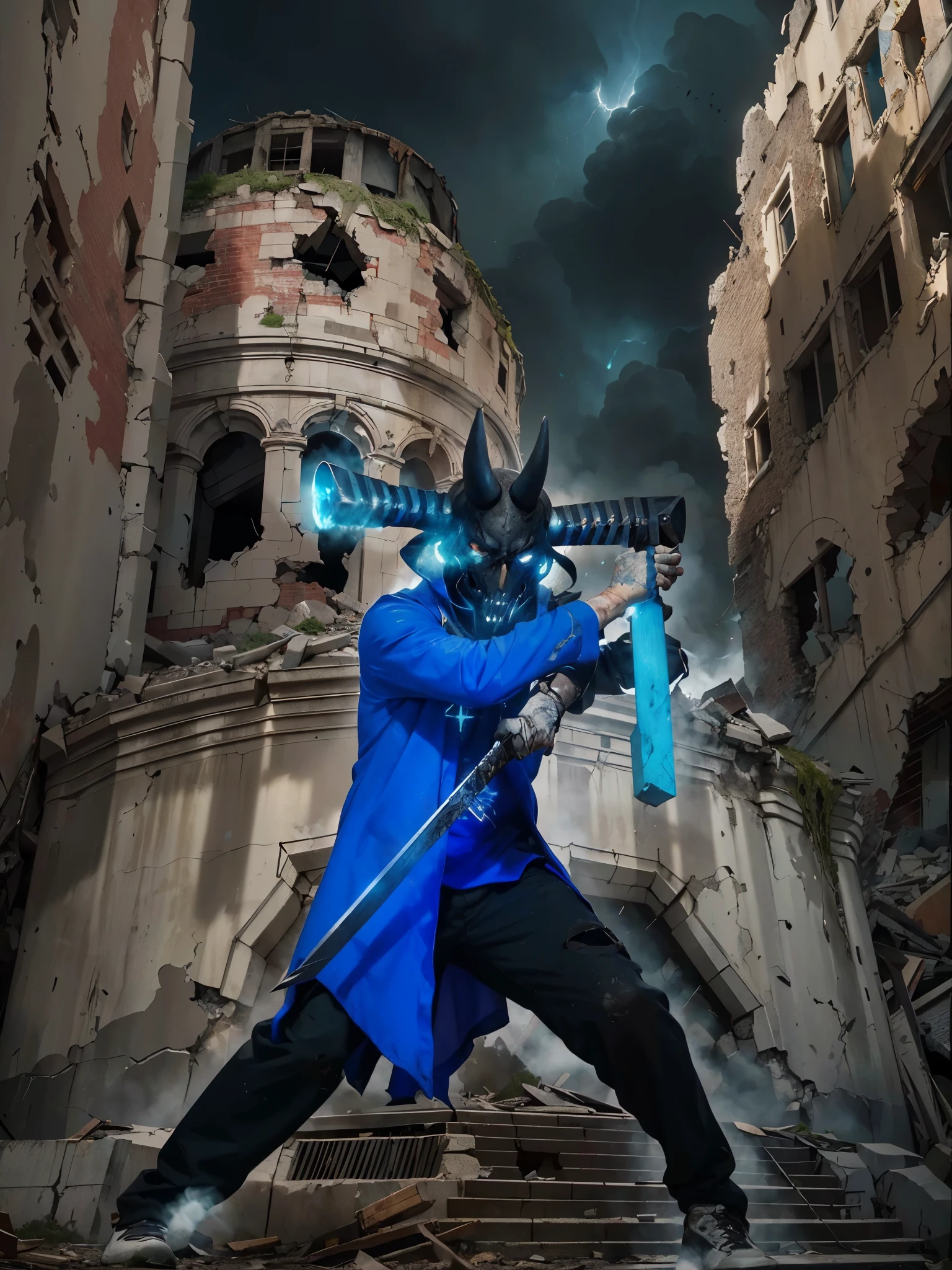 ((Alucard_MOBILE LEGEND),((realistic, photorealistic)),(highlight mask)), Light reflection, (( HD )),((upper body)), (((best quality, masterpiece))), (masterpiece) (best quality) (detail) (8k) (HDR) (wallpaper) (cinematic lighting) (sharp focuasterpiece, best quality: 1.1), 1men solo, alucard, shadow,back light,Destruction city background,Holding a sword, white gloves, black mouth mask,Create dystopian masterpieces,Depict the destroyed futuristic cityscape in a gritty game concept art style. The artwork should evoke a sense of futuristic desolation and despair, post apocalyptic world. Keep an eye on the intricacies of detail, Sharp focus, and a highly detailed description of the ruined city. Take inspiration from the artistic styles of Wayne Barlow and Zdislav Beksiński. Deliver this image in movie view format, Show the bleak beauty of this decaying world, Particles fire motion blur,Red light eyes,Look forward,(best quality,masterpeace),(hyperdetailed colourful), A post-apocalyptic wasteland with ruins of a once-great civilization ,perfect composition, best exposition, (golden ratio:1.2) , hdr, dramatic,cinematic lighting, trending on artstation,trending on CGSociety, professional photo,immense detail,Corpses piled up,Dead bodies lying , male corpse,Mask, horned, long ears, holding a sword,Blue light aura, destroyed castle, destruction, smoke, meteorites, building ruins,No hair