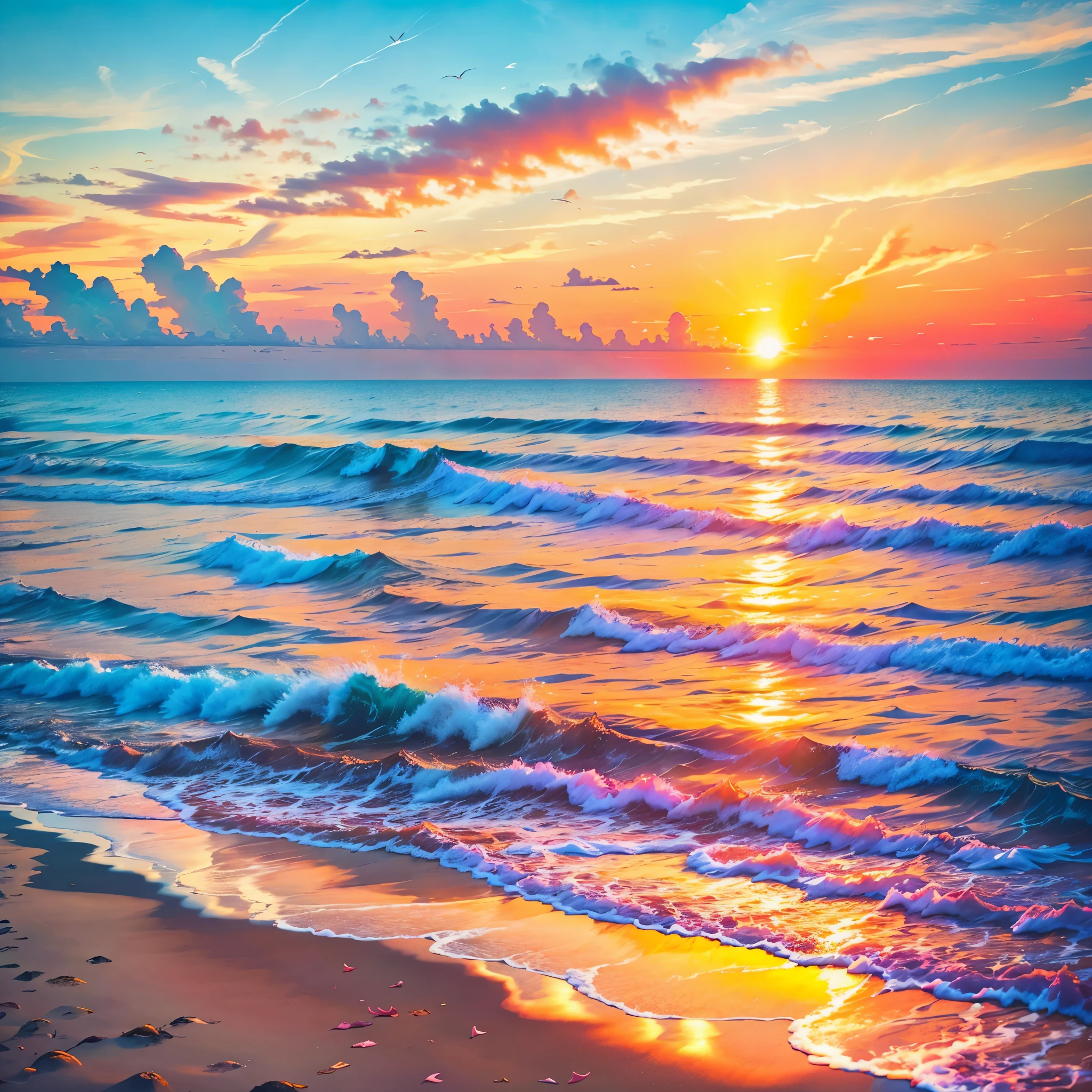 An absolutely mesmerizing sunset over the beach, with a blend of oranges, pinks, and yellows filling the sky. Crystal-clear waters of the sea gently kissing the shore, with sandy white beach stretching far and wide. The scene is dynamic and breathtaking, with seagulls soaring high in the sky and gently swaying palm trees. Take in the calming atmosphere and let the peacefulness wash over you.