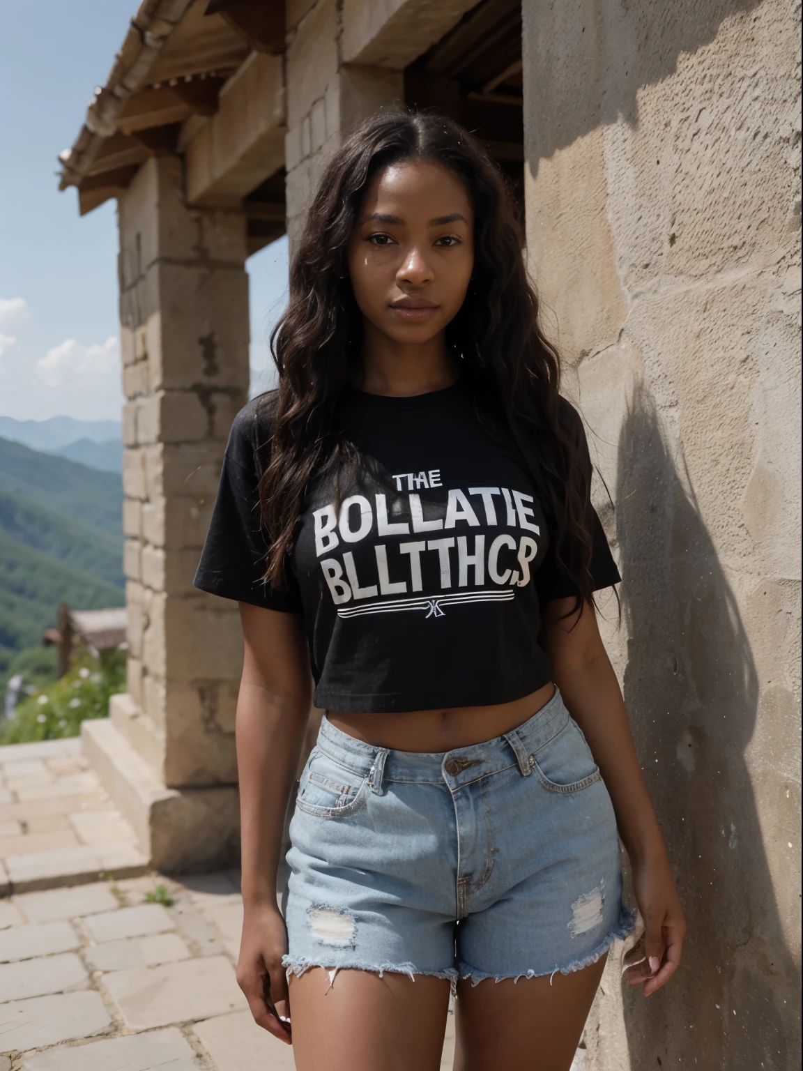 african girl, black ethnicity, wearing shirt , wavy hair,goodmorning in montain
, , thick girl,