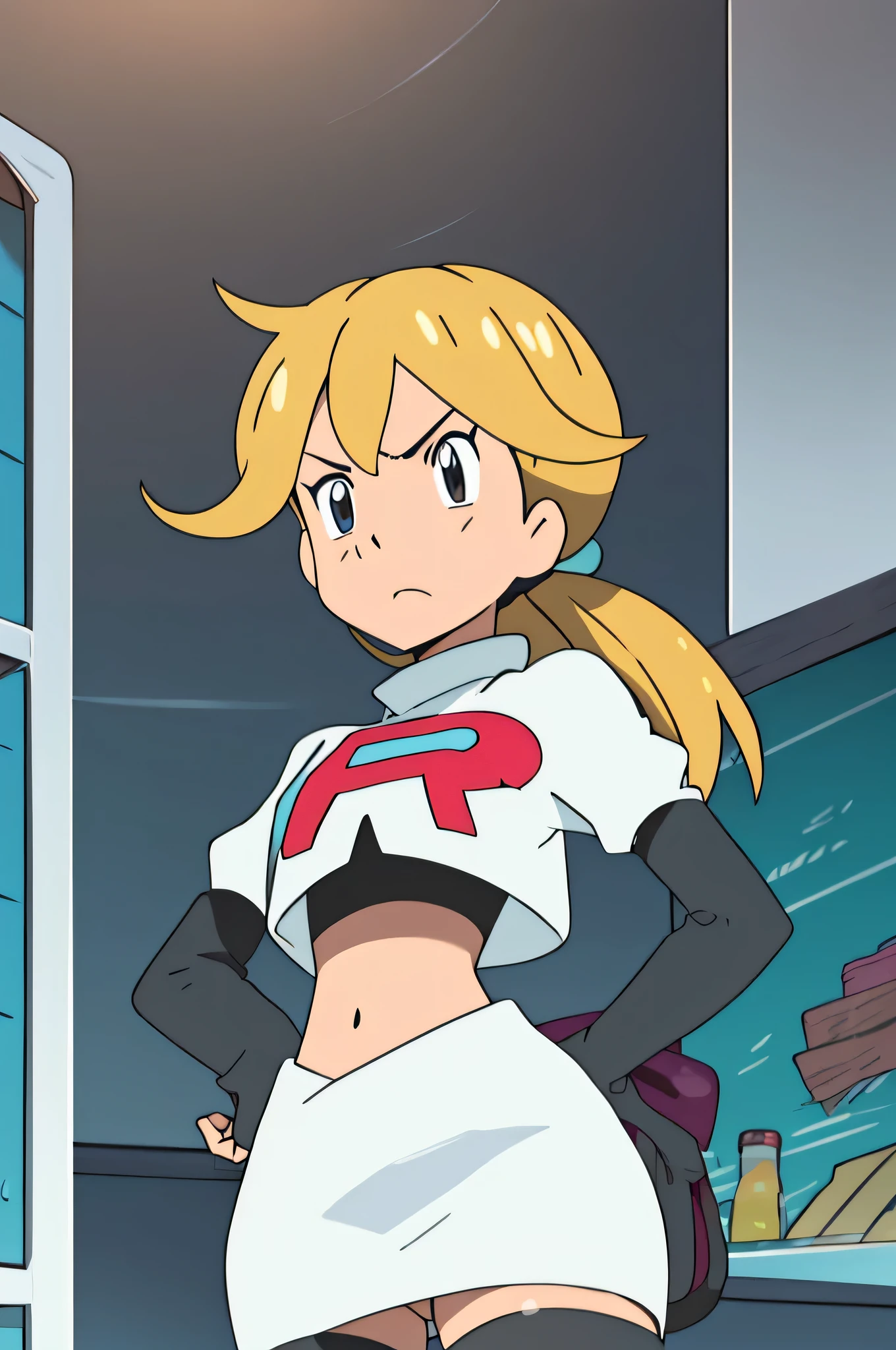 masterpiece,best quality,high res,high quality,8k, masterpiece,highres, team rocket uniform, red letter r, white skirt,white crop top,black thigh-high boots, black elbow gloves, glaring angrily, looking down at viewer, hands on hips, cowboy shot, zettai ryouiki,spread legs,from below, black panties,anime style, vivid colors, sharp focus, intense lighting,Persona3Aigis,blond hair, blue eyes