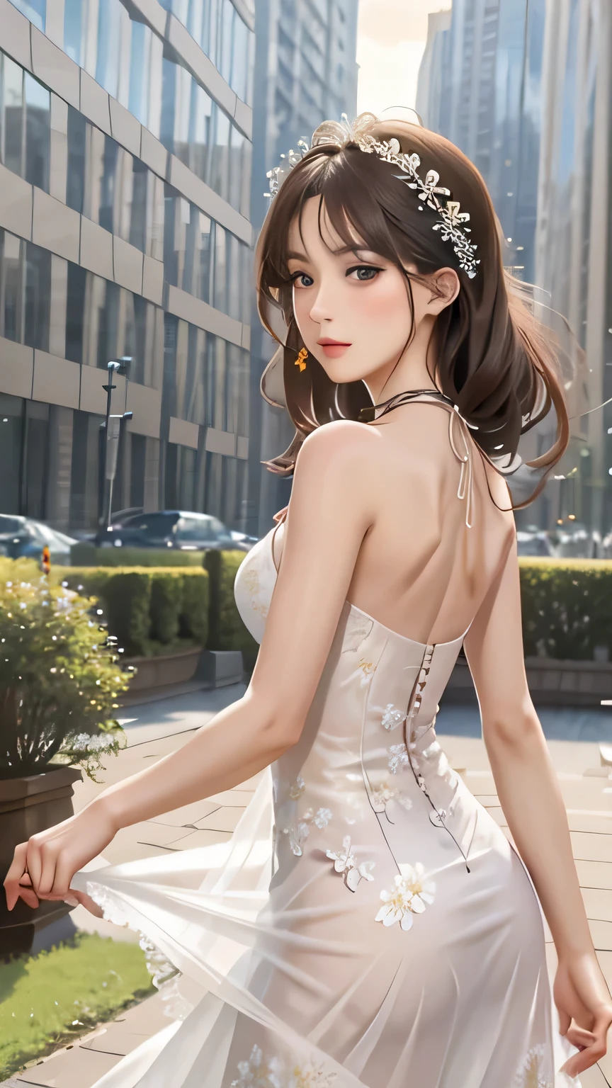 masterpiece level，high quality，clear pictures，elegant woman，stand on a stone in the garden，my face is delicate，collarbone chain，Wearing a long dress with a floral pattern，cotton lining，attractive pose，Rear view，sexy ass，background is blurry，written boundary depth，central symmetry，56mm,F2