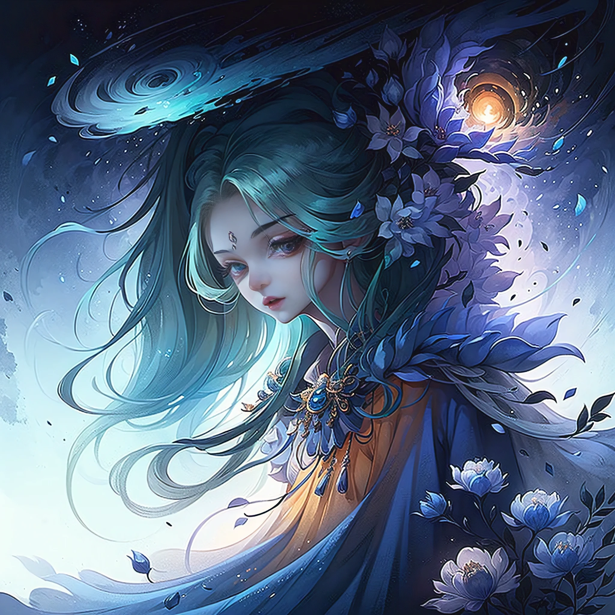 Cartoon girl with blue hair and blue skirt, surrounded by flower, In dreamy and surreal anime scenes. The artwork is in the style of a cosmic display, Inspired by artist Yukisada Yanakawa’s digital art on Pixiv. The art style is reminiscent of Loish's work, Featuring bright colors and detailed illustrations. Girls are the center of attention, Her flowing blue hair and dress stand out against the dreamy background. The overall tone of the image is playful and whimsical, With a hint of surrealism. Scene lighting is soft and ethereal, Highlight the dreamy atmosphere. Image quality should be of the highest level, With ultra-detailed and realistic elements. The prompt should not contain any mention of the number of girls or any explanation, Each tag should be separated by commas.