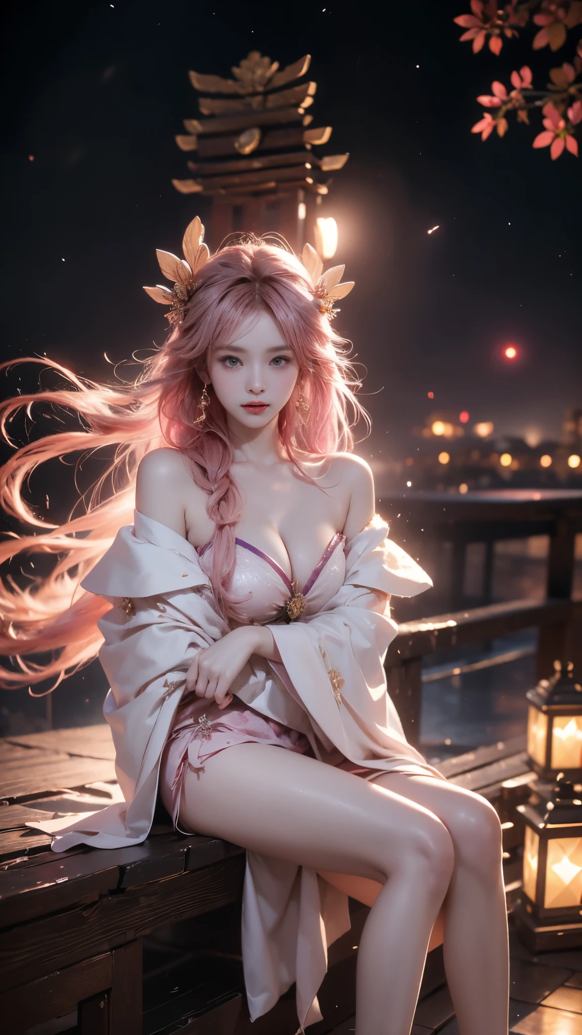 shenzi,1girl,long hair,pink hair,purple eyes,very long hair,hair_ornament,pink kimono, (masterpiece, best quality:1.2), 1girl, solo, ((off shoulder clothes)), ((night)), lantern, Candle light, In the depths of Wonderland,The moonlight falls like water,foggy room,The figure of the heroine is vaguely visible,Just like the fairy in the painting,Slender sexy legs,Very nice legs,Leaking sexy legs,Big breasts,美丽而又带着一丝mystery的色彩。Her face is beautiful and delicate,Like finely carved jade,Showing otherworldly beauty。The eyebrows are picturesque,The waves in my eyes are like twinkling stars,Show the light of perseverance and wisdom。The bridge of the nose is straight,Lip color like cherry,The slightly raised corners of the mouth reveal confidence and calmness。Her face is well defined,The skin is as fair as jade,Reveals a healthy glow,Just like a fairy, she never eats fireworks in the world。Her makeup is light and delicate,Not too much embellishment,But enough to show her temperament and charm。Light-colored foundation brings out the transparency of the skin,A light eyebrow pencil outlines her perfect eyebrow shape,Eye makeup is eye shadow and eyeliner,Make her eyes brighter and more energetic。嘴唇涂上grace的口红,Adds a bit of charm and sophistication。她的衣服grace别致,Clothes flutter,It seems like it will be blown up by the wind at any time,drifting into the distance。既不失grace,Also showed her extraordinary skills。Rocking with her movements。Her hair is tied back casually,Secure it with a hosta,A few strands of hair are fluttering gently in the wind,Adds a bit of softness。Her figure is looming in the fairyland,宛如一道Big breasts美丽的风景线,attracted everyone's attention。She seems to be a fairy in wonderland,Big breasts美丽、grace、mystery、and full of power。