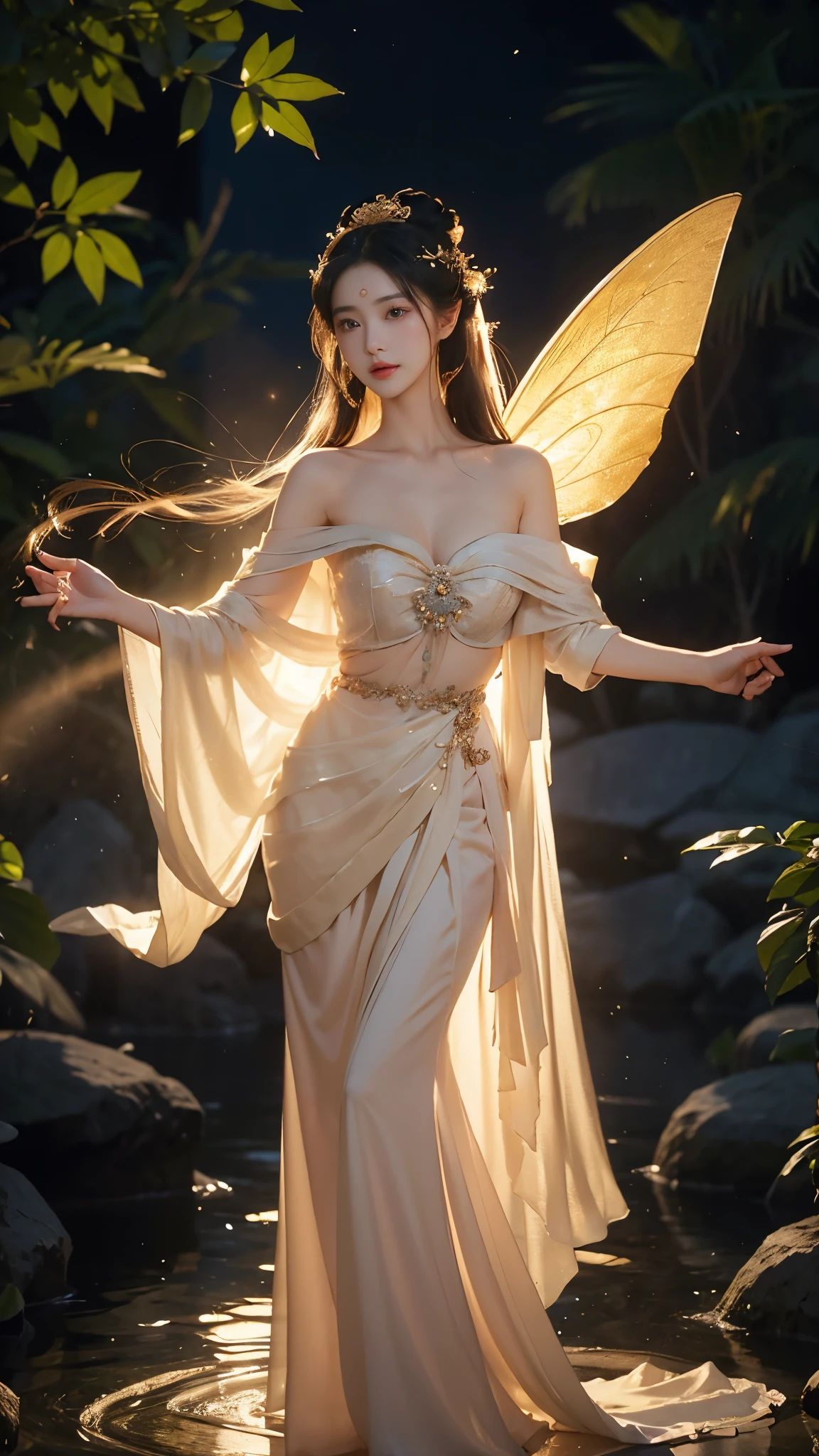 Beautiful fairy with delicate butterfly wings, surrounded by glowing magical lights, ethereal and dreamy atmosphere, realistic painting style inspired by the works of John William Waterhouse and Arthur Rackham