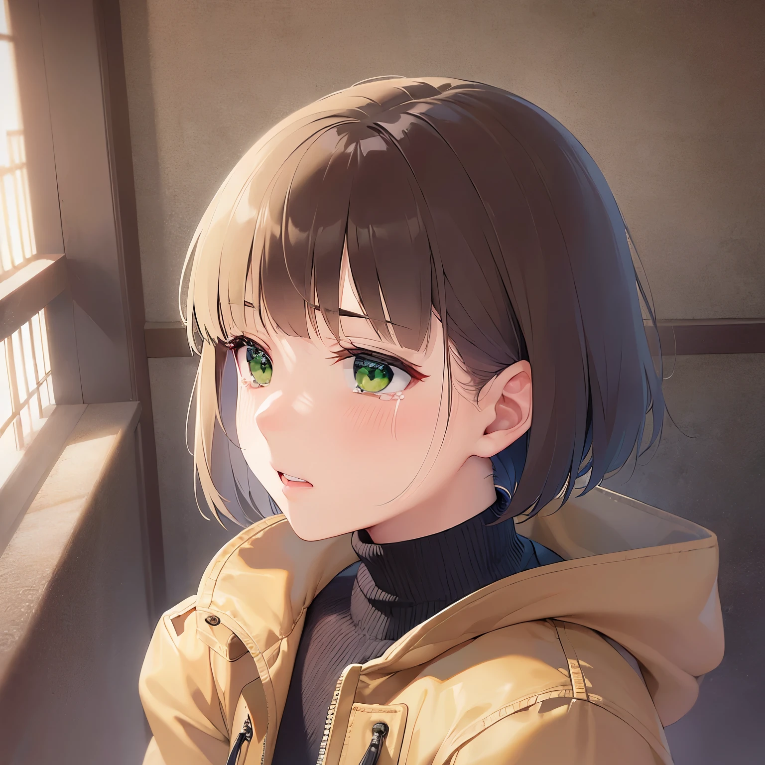 (looking away:1.5), Leaning on someone, Angle from above, High angle, Realistic, real person, RAW photo, photorealistic, portrait photography, shiny skin, japanese idol、(前髪がある20歳の女性), (green eyes:1.5) and (brown hair) and (bob cut:1.5) and (wavy hair), (beige Down Jacket:1.5)、黒いタートルネックのセーターを着ている、(scared:1.3), tears, 一人きり、背景は外