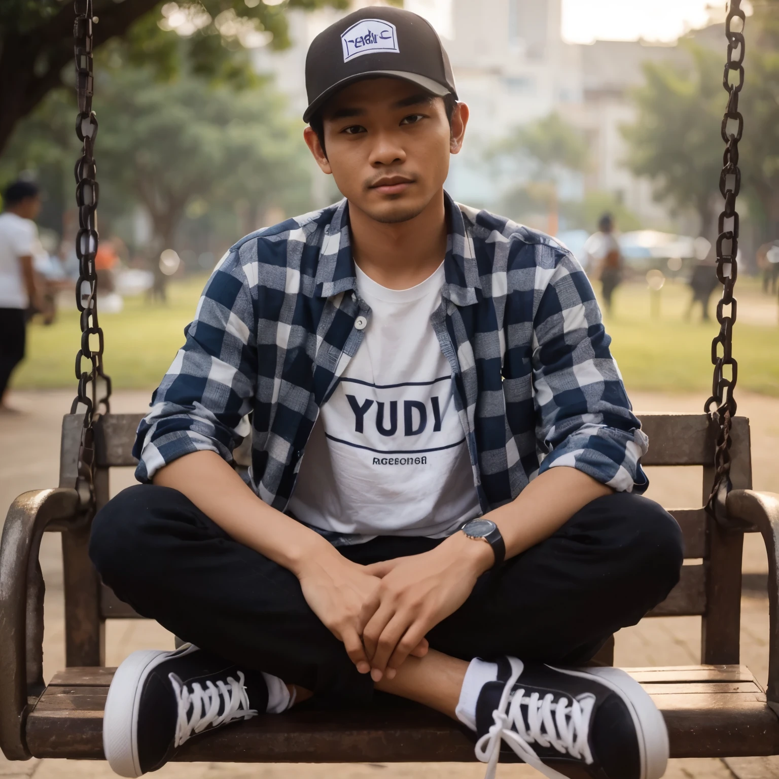 An Indonesian man, 30 years old, the man is wearing a snapback hat, wearing a blue and black checked shirt and a white and white t-shirt with the words "YUDI", wearing black jeans and white shoes. The man is sitting casually on the bench. a swing in the middle of the park, the atmosphere looks bright, the background is a city park. The image quality is very clear and very clear.