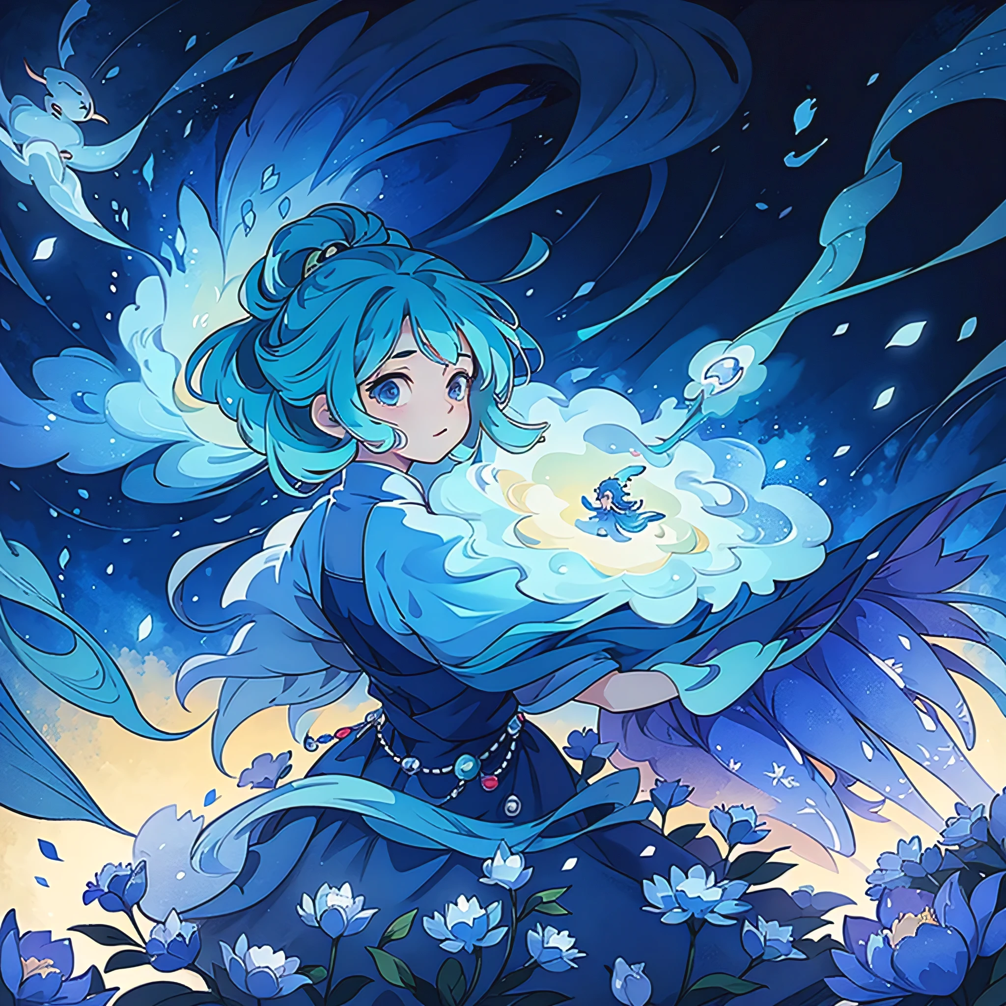 Cartoon girl with blue hair and blue skirt, surrounded by flower, In dreamy and surreal anime scenes. The artwork is in the style of a cosmic display, Inspired by artist Yukisada Yanakawa’s digital art on Pixiv. The art style is reminiscent of Loish's work, Featuring bright colors and detailed illustrations. Girls are the center of attention, Her flowing blue hair and dress stand out against the dreamy background. The overall tone of the image is playful and whimsical, With a hint of surrealism. Scene lighting is soft and ethereal, Highlight the dreamy atmosphere. Image quality should be of the highest level, With ultra-detailed and realistic elements. The prompt should not contain any mention of the number of girls or any explanation, Each tag should be separated by commas.