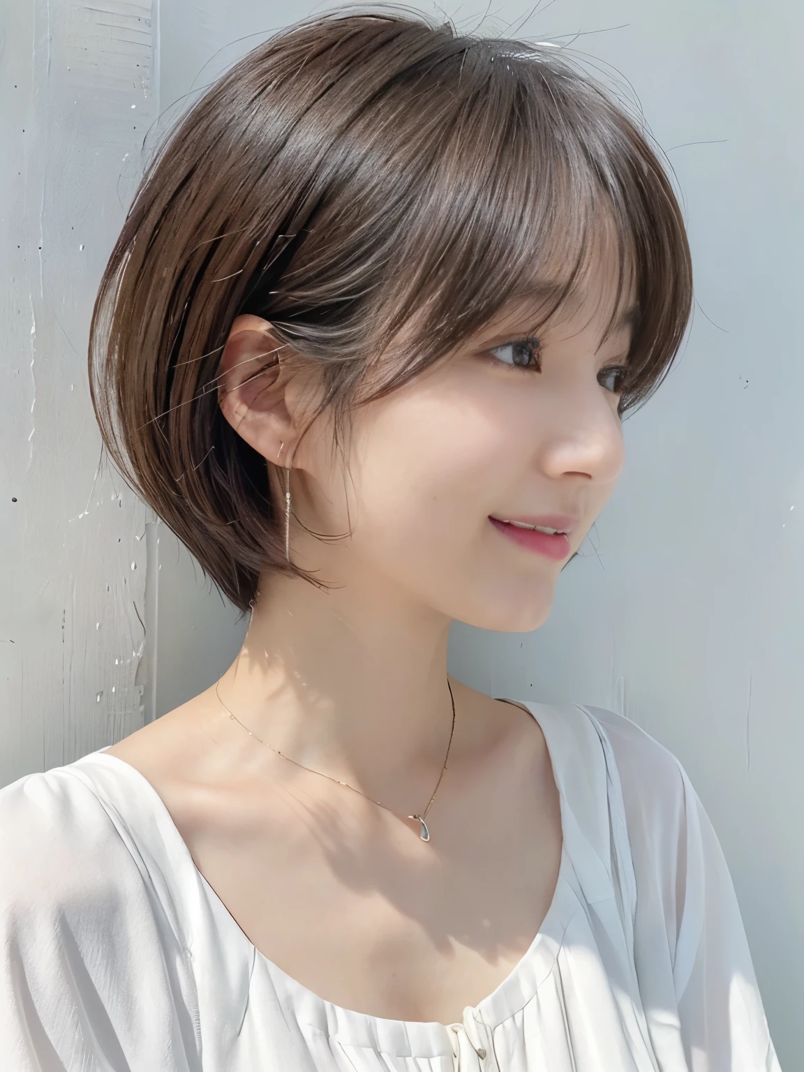 (highest quality、8K、32K、masterpiece、nffsw:1.2)、photo of cute japanese woman、very short bobbed hair、Upper body、necklace、shot from above、Don'Don'don't look at the audience、(realistic、Photoreal:1.37)、1 girl、Shot in natural light、Physically based rendering、excellent image quality、High resolution、1080P、(Detailed facial description)、(Detailed explanation of hands)、(Detailed CG)、Rich details、(exquisite features)、(best image quality)、(masterpiece)、(fine eyes)、delicate clavicle、Versatile poses、profile、white wall、Taken in front of the white door、(窓のあるwhite wallの部屋)、earrings、laughter、Spring clothes、 shortcut、short hair、((white blouse))